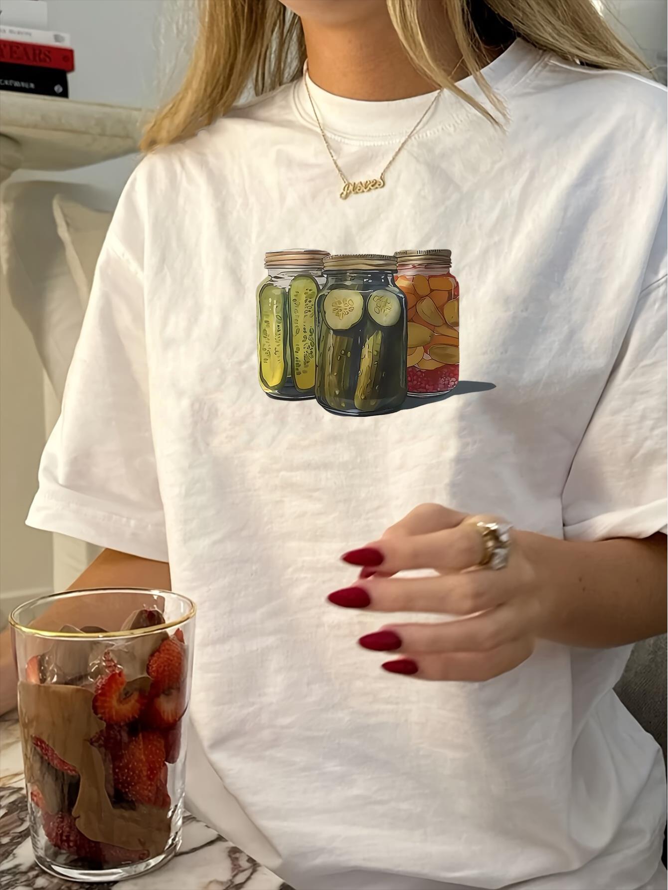 thumbnail image 1 of 1pc Vintage Style Women'S T-Shirt, Geometric Pickle Print, Polyester Knit Fabric, Crew Neck, Short Sleeve, Regular Length, Casual Summer Top, 1 of 6