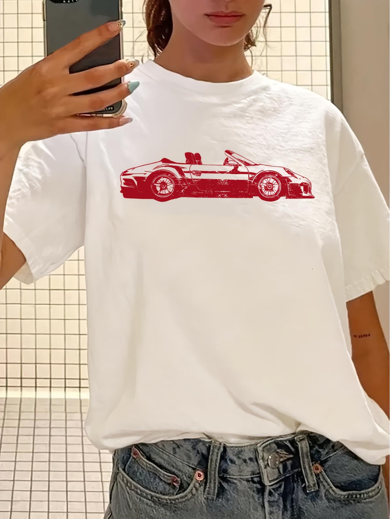 Retro Chic Women's White T-Shirt with Red Sports Car Print - Casual Round Neck, Short Sleeve, Polyester, Machine Washable - Summer Collection