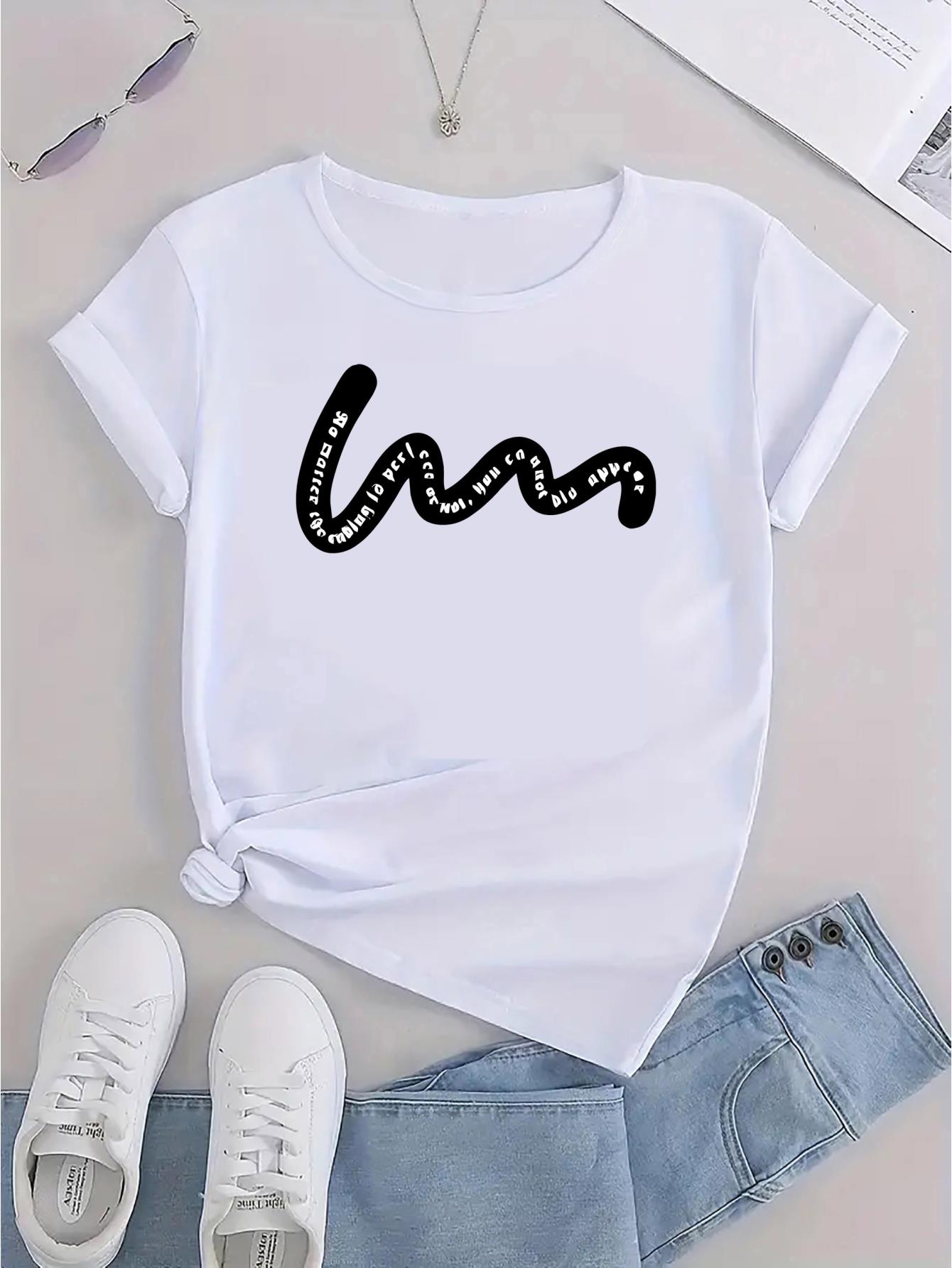 thumbnail image 3 of Chic Abstract Letter Print Women's T-Shirt - Casual Crew Neck, Short Sleeve, Stretchy Polyester Blend, Machine Washable - Perfect for Summer & Everyday Fashion, 3 of 8