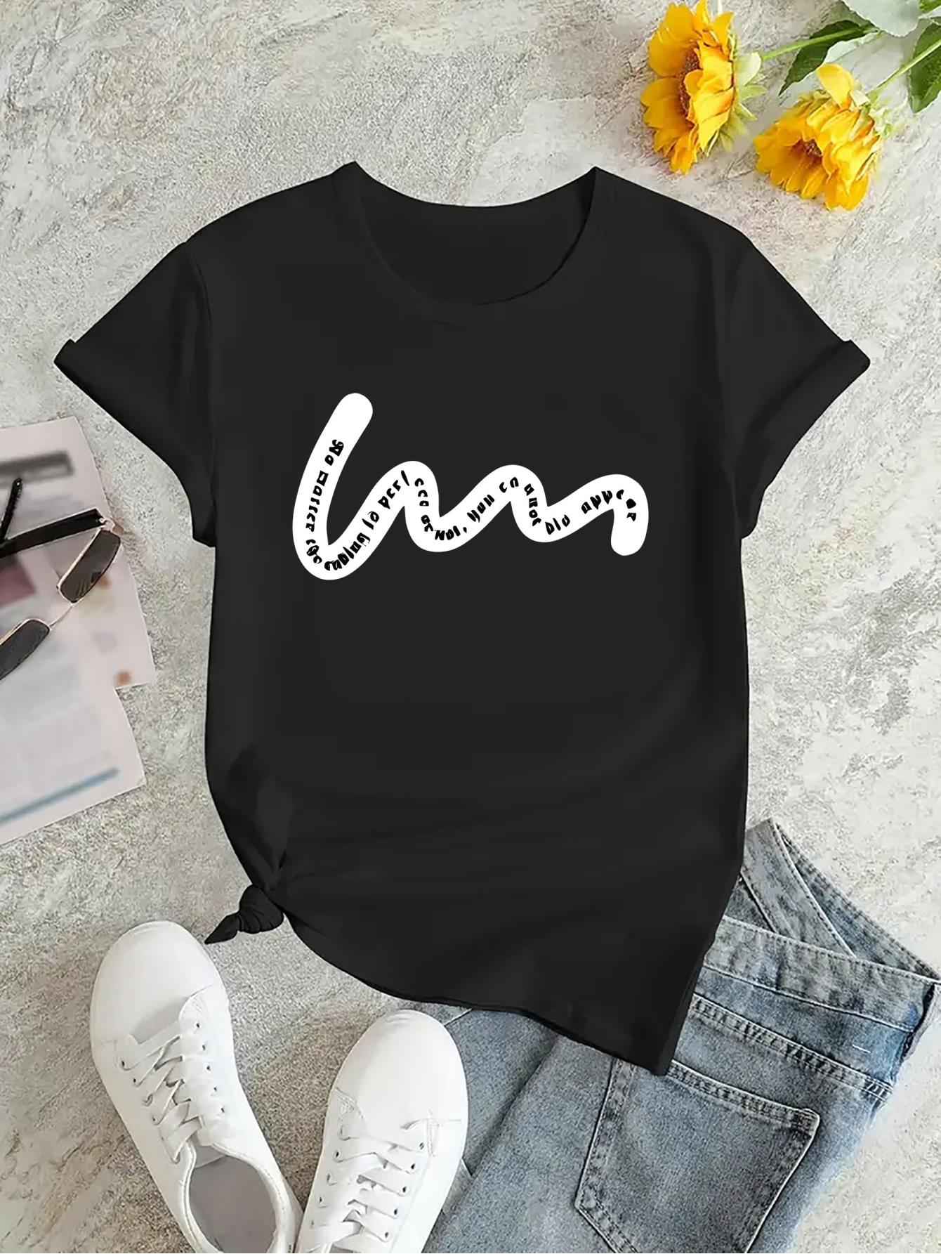 thumbnail image 4 of Chic Abstract Letter Print Women's T-Shirt - Casual Crew Neck, Short Sleeve, Stretchy Polyester Blend, Machine Washable - Perfect for Summer & Everyday Fashion, 4 of 8