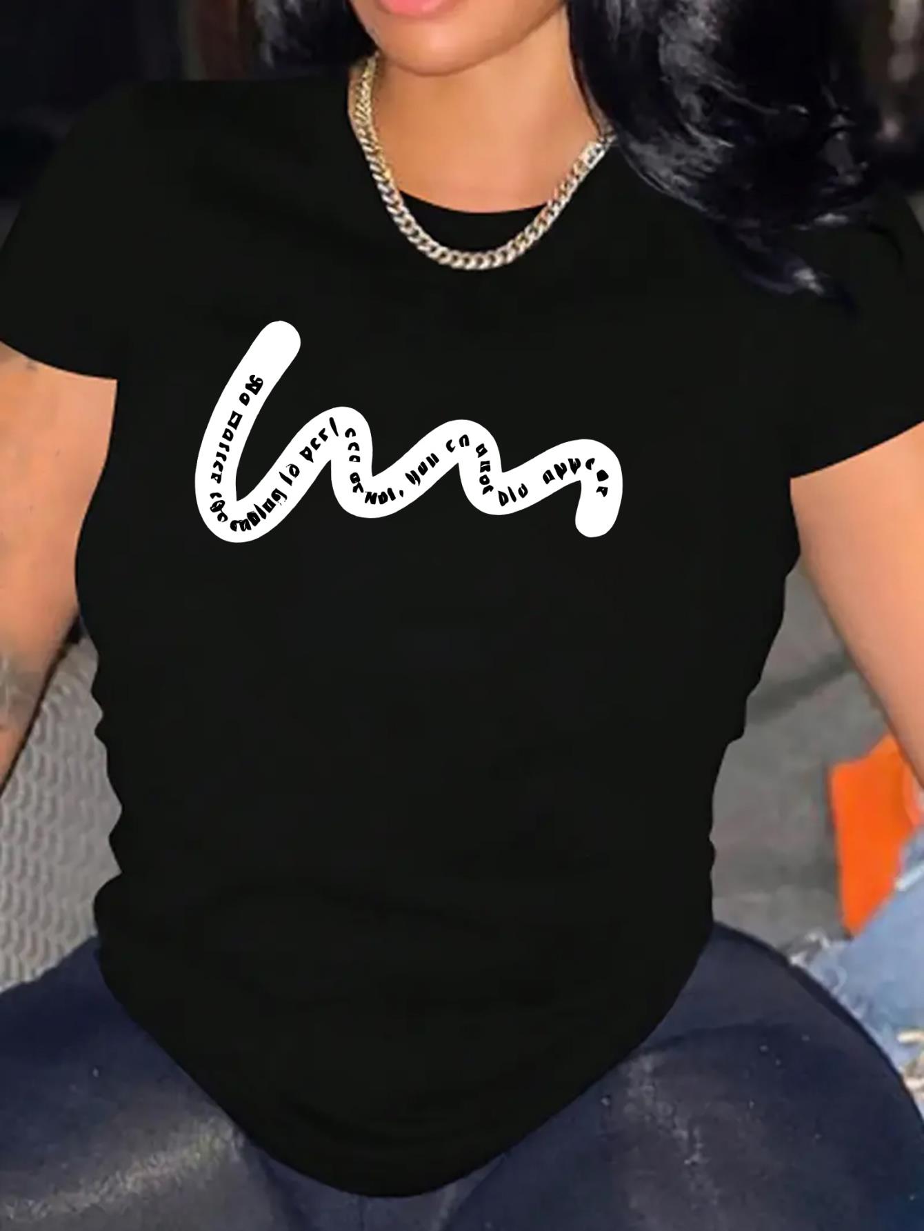 thumbnail image 2 of Chic Abstract Letter Print Women's T-Shirt - Casual Crew Neck, Short Sleeve, Stretchy Polyester Blend, Machine Washable - Perfect for Summer & Everyday Fashion, 2 of 8