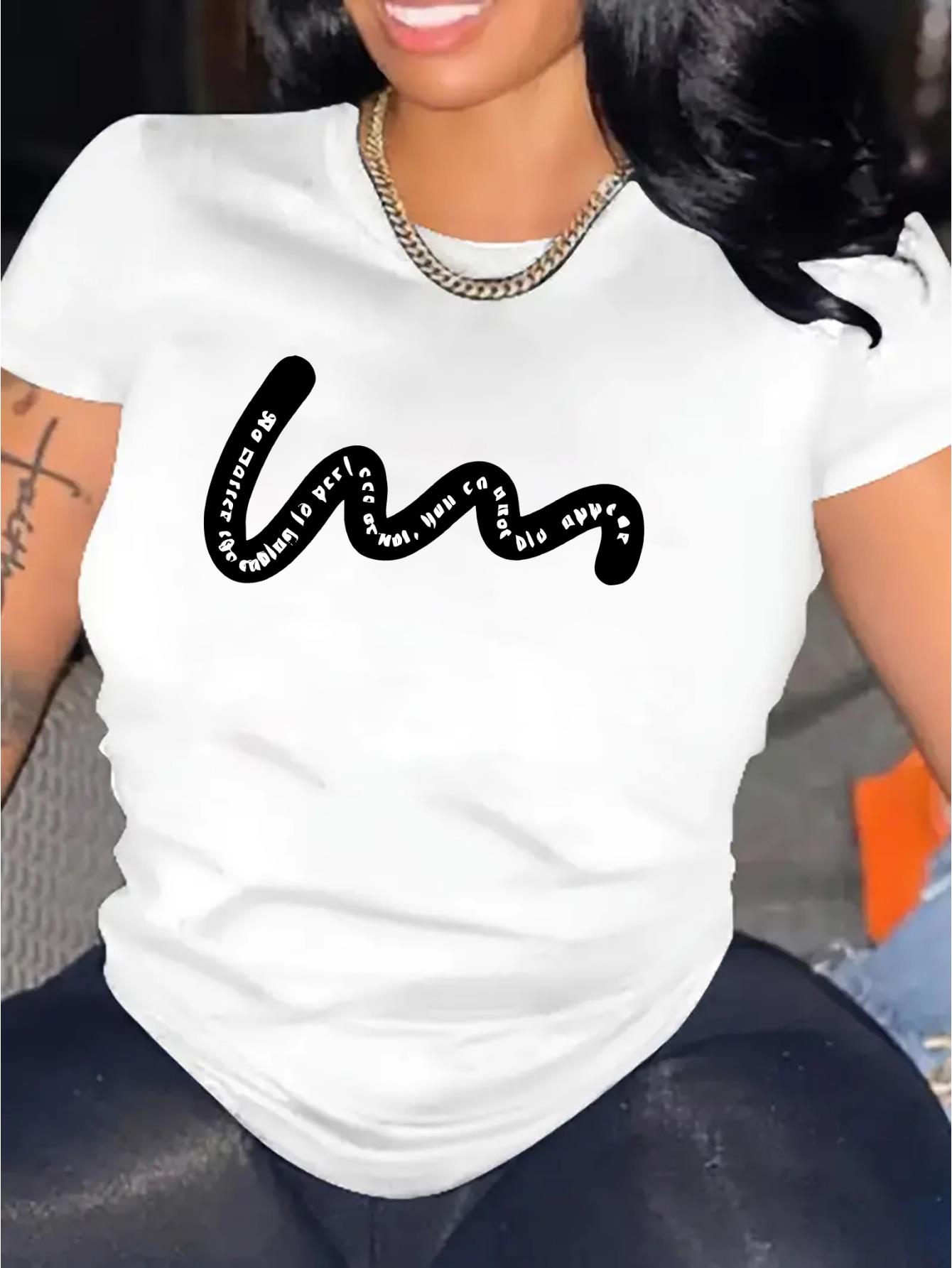 thumbnail image 1 of Chic Abstract Letter Print Women's T-Shirt - Casual Crew Neck, Short Sleeve, Stretchy Polyester Blend, Machine Washable - Perfect for Summer & Everyday Fashion, 1 of 8