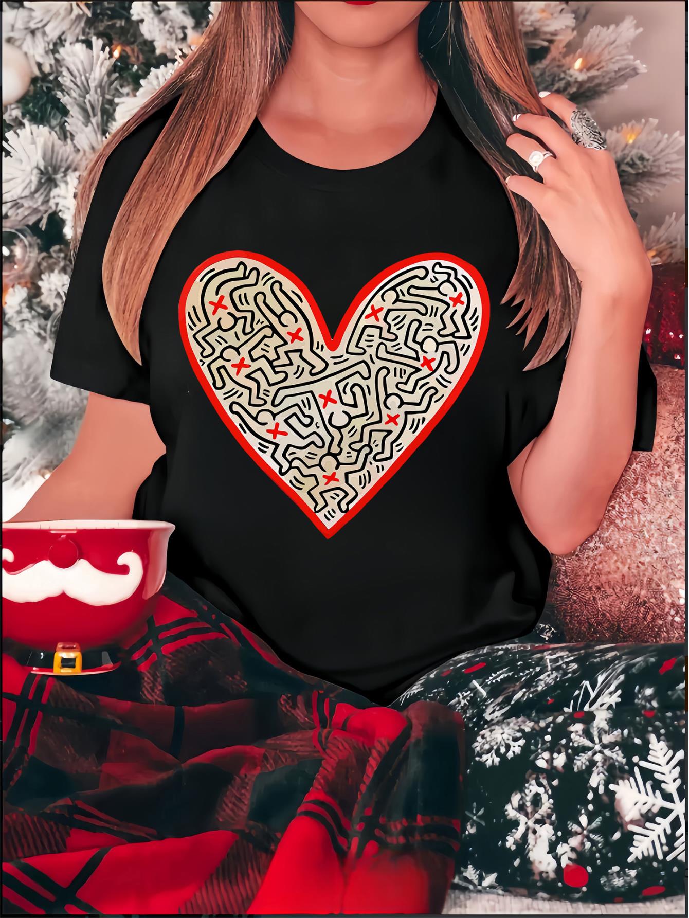 thumbnail image 1 of 1pc Women'S Casual Crew Neck T-Shirt with Geometric Love Heart Print, Polyester Knit Fabric, Medium Stretch, All-Season Comfort Fit, Fashionable Short Sleeve Top, 1 of 8