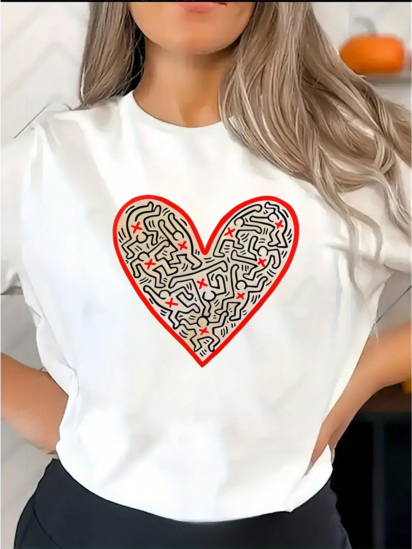 thumbnail image 2 of 1pc Women'S Casual Crew Neck T-Shirt with Geometric Love Heart Print, Polyester Knit Fabric, Medium Stretch, All-Season Comfort Fit, Fashionable Short Sleeve Top, 2 of 8