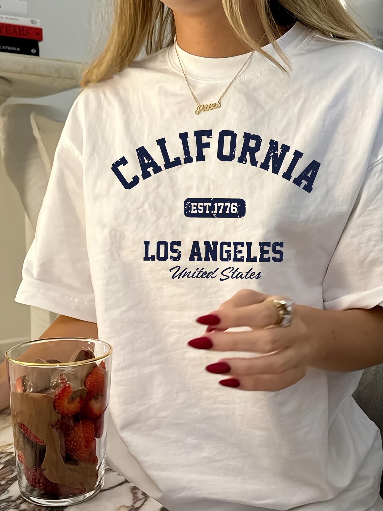 Women's Vintage California Los Angeles Graphic T-Shirt - Casual Round Neck, Short Sleeve, Polyester, Machine Washable, EST 1776 Print