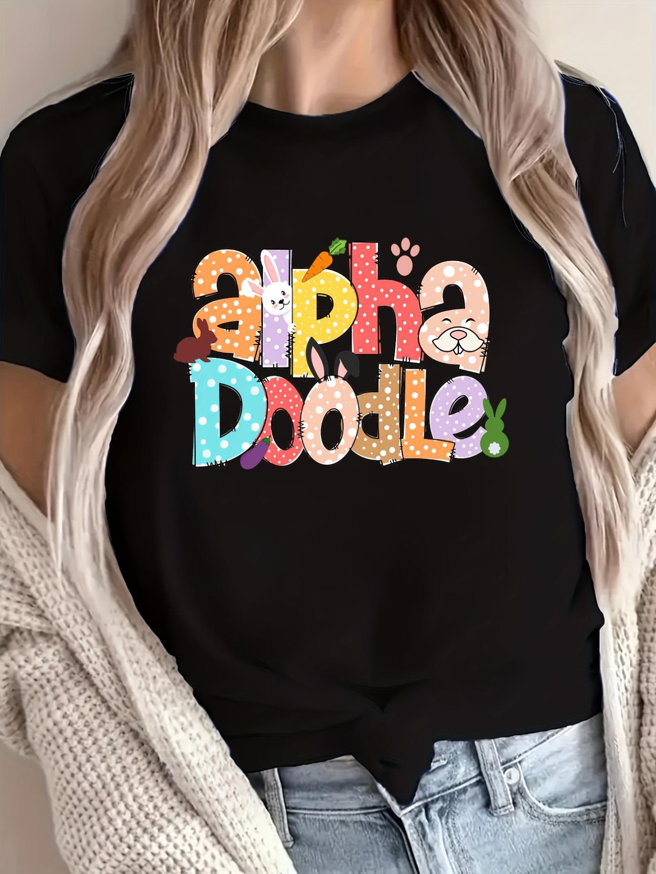 Women's Easter-Themed Cotton T-Shirt - Casual Crew Neck with Cartoon Letter Print, Short Sleeve, Machine Washable