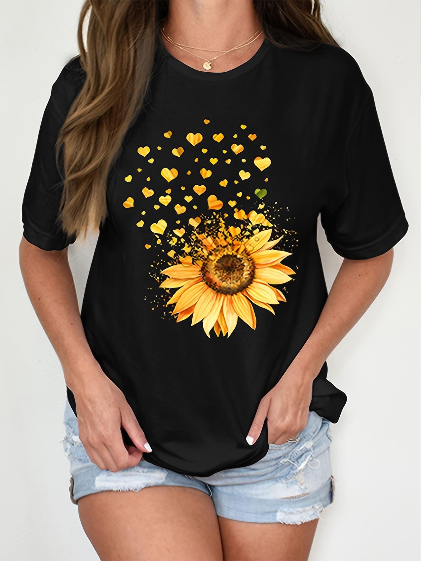 Women'S 100% Cotton Sunflower Graphic T-Shirt, Crew Neck, Short Sleeve, Slight Stretch, Knit Fabric, Casual to Sporty Style, Versatile for All Seasons