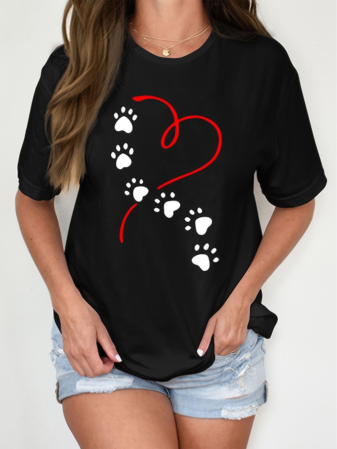 Women's 100% Cat Paw Print T-Shirt - Black Casual Short Sleeve Tee with Red Heart & White Paw Design, Soft & Comfortable Casual Attire, Cat Tshirt