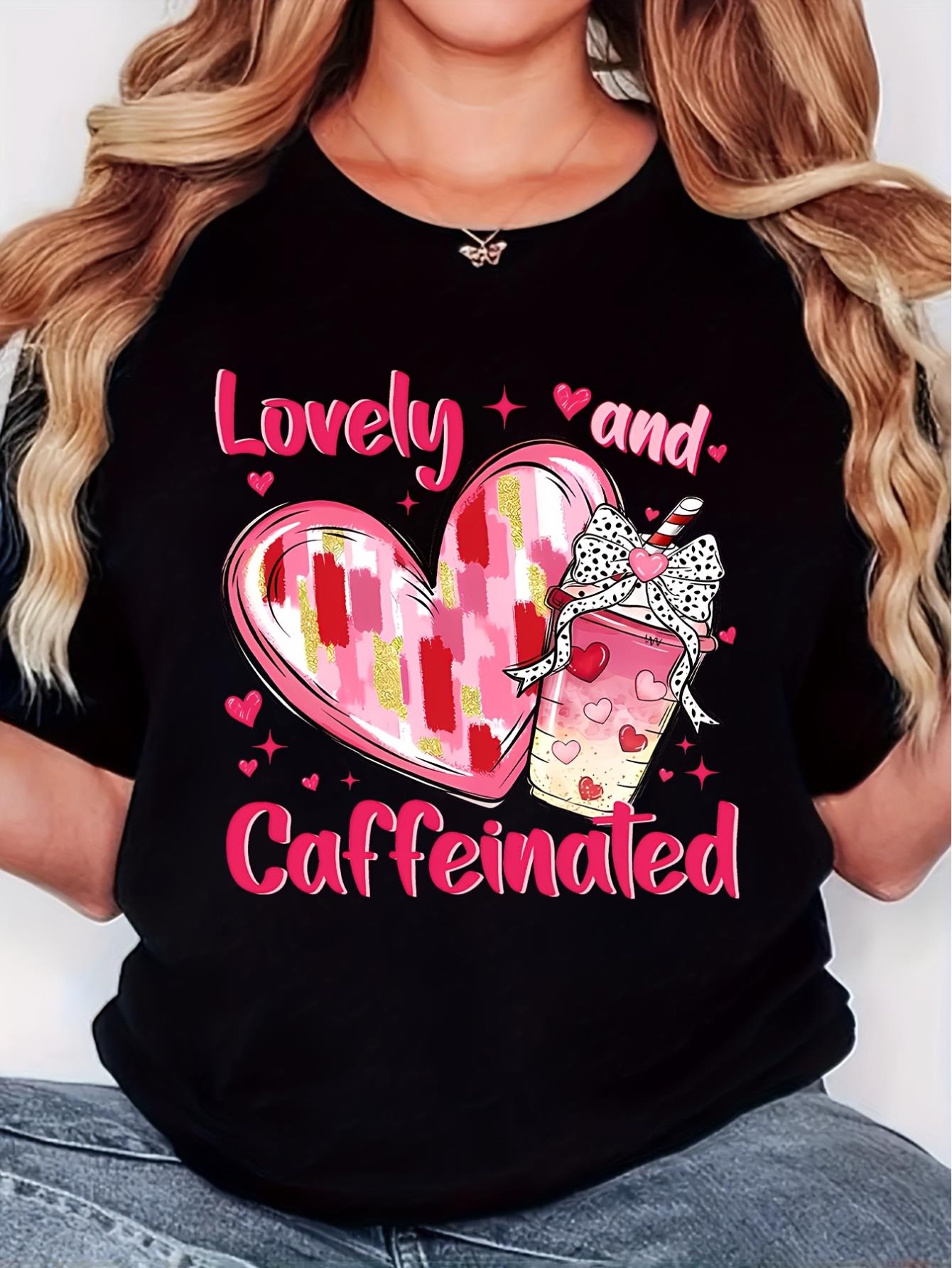 thumbnail image 1 of Women'S Round Neck T-Shirt, Lovely And Caffeinated Print T-Shirt, Stylish And Simple, Casual And Comfortable, Sporty Short-Sleeved T-Shirt, 1 of 6