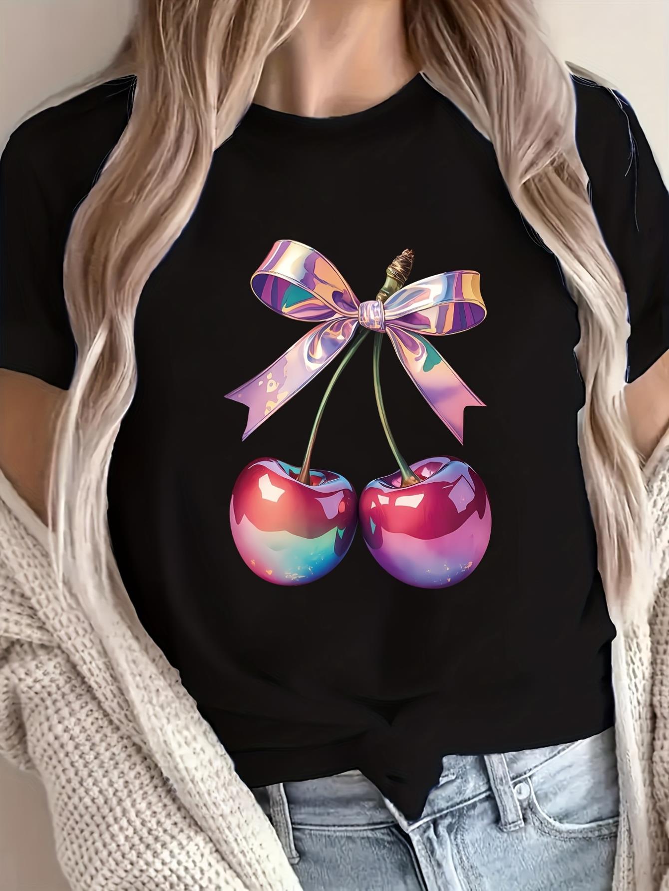 thumbnail image 1 of Fashion Women'S T-shirt, Women'S Casual Crew Neck T-shirt, "Colorful Bow Cherry" Print, Fashion Casual Spring/Summer Sports Short Sleeve Top, 1 of 6