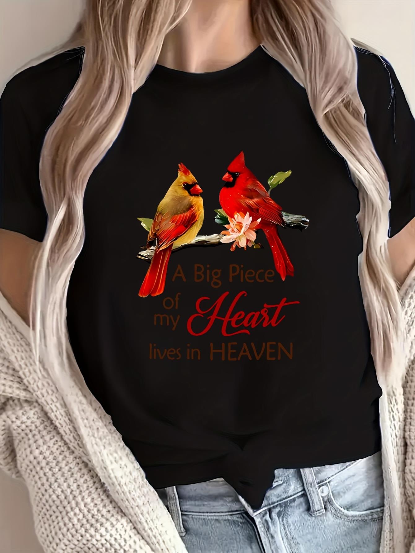 100% Cotton T-shirt, Women'S Casual Crew Neck T-shirt, 'Valentine'S Day Couple Red Bird' Print, Fashionable And Casual Spring & Summer Sports Short Sleeve Tops