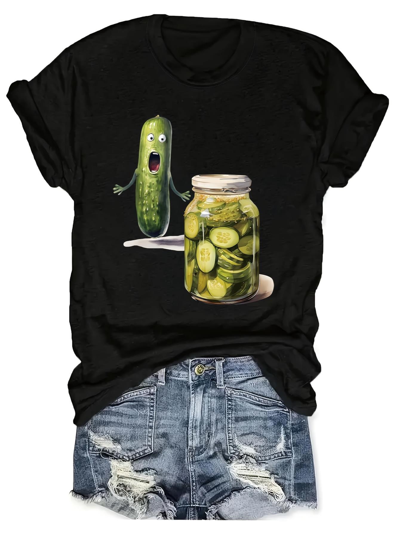 thumbnail image 2 of Women'S Casual Crew Neck T-Shirt with Cartoon Cucumber & Pickle Jar Print, 100% Polyester Knit Fabric, Regular Length, All Seasons - Fruit & Vegetable Pattern Tee, 2 of 7