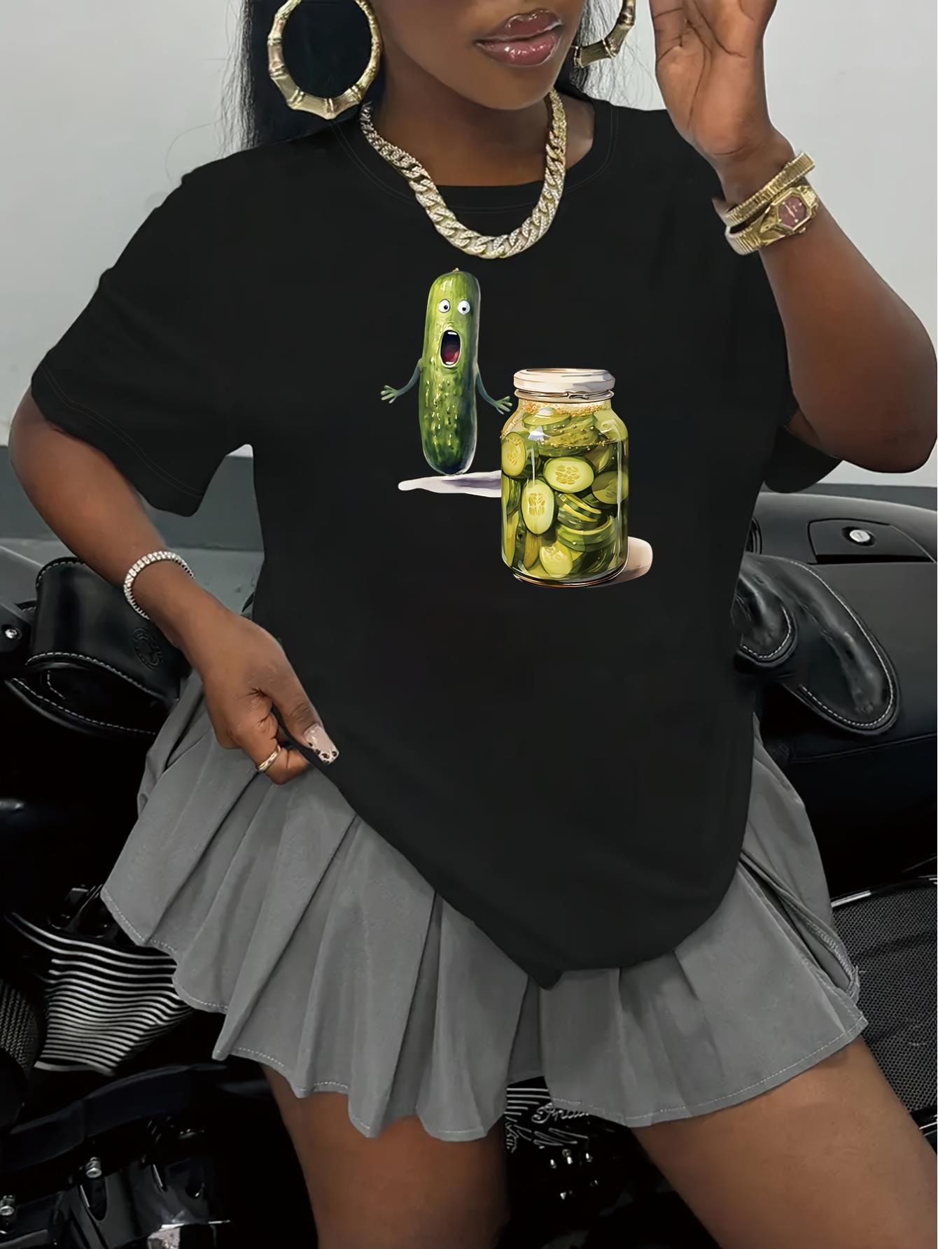 thumbnail image 1 of Women'S Casual Crew Neck T-Shirt with Cartoon Cucumber & Pickle Jar Print, 100% Polyester Knit Fabric, Regular Length, All Seasons - Fruit & Vegetable Pattern Tee, 1 of 7