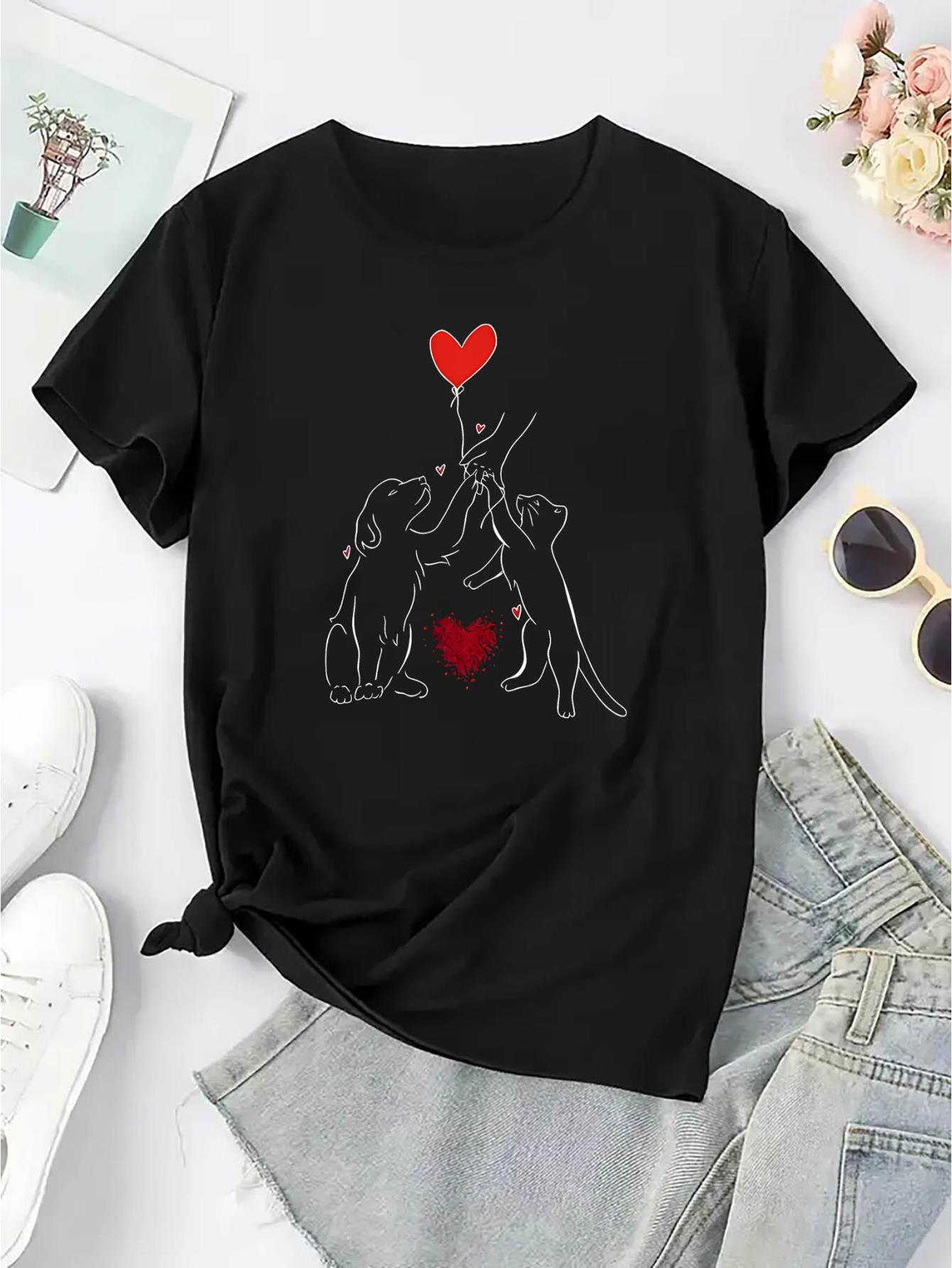 thumbnail image 3 of Women's Casual Cat & Dog Love Balloon Graphic Tee - Comfy Crew Neck Short Sleeve T-Shirt, Perfect for Summer, 3 of 8