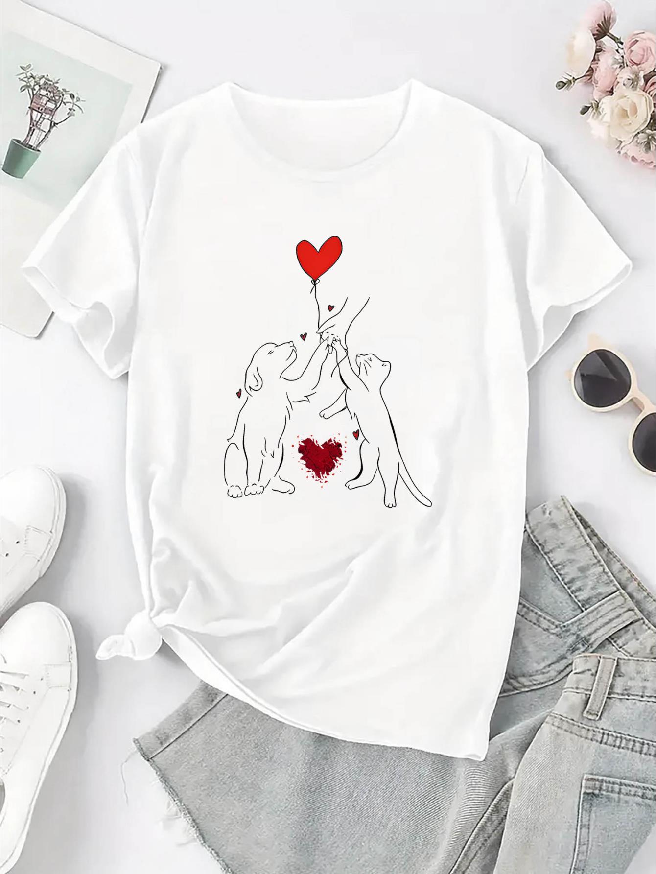 thumbnail image 4 of Women's Casual Cat & Dog Love Balloon Graphic Tee - Comfy Crew Neck Short Sleeve T-Shirt, Perfect for Summer, 4 of 8