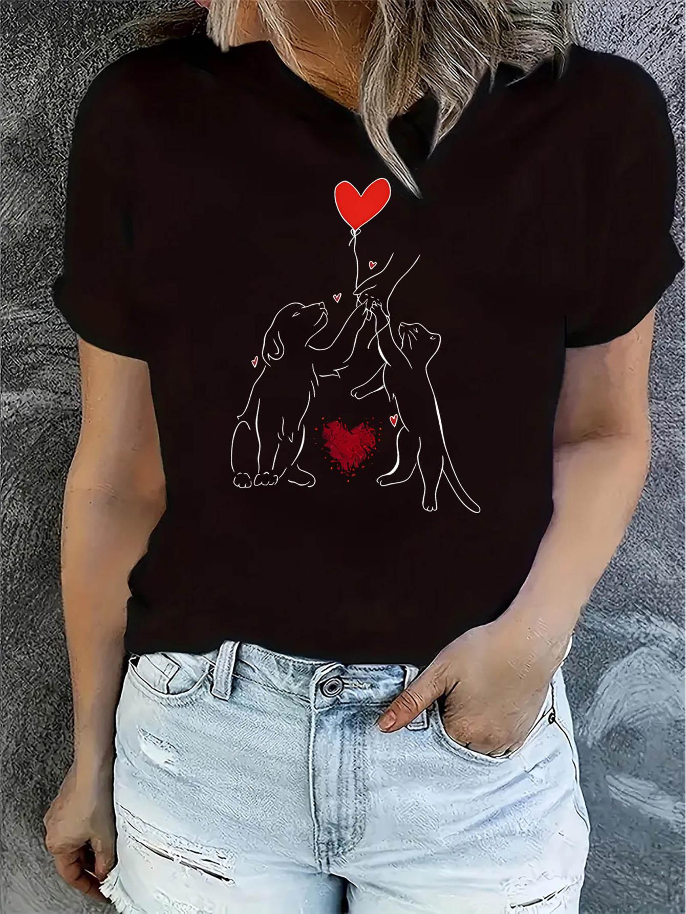 Women's Casual Cat & Dog Love Balloon Graphic Tee - Comfy Crew Neck Short Sleeve T-Shirt, Perfect for Summer