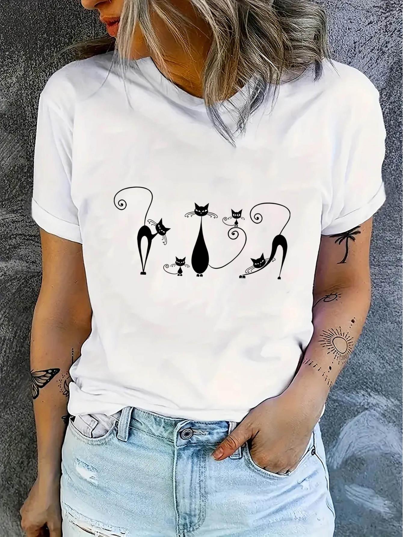 thumbnail image 2 of Urban Exploring| Women's Fashionable Black T-Shirt with Creative Abstract Cat Design - Casual Round Neck Short Sleeve, Comfortable Polyester Blend, Perfect for Summer, Cat Shirt, 2 of 8