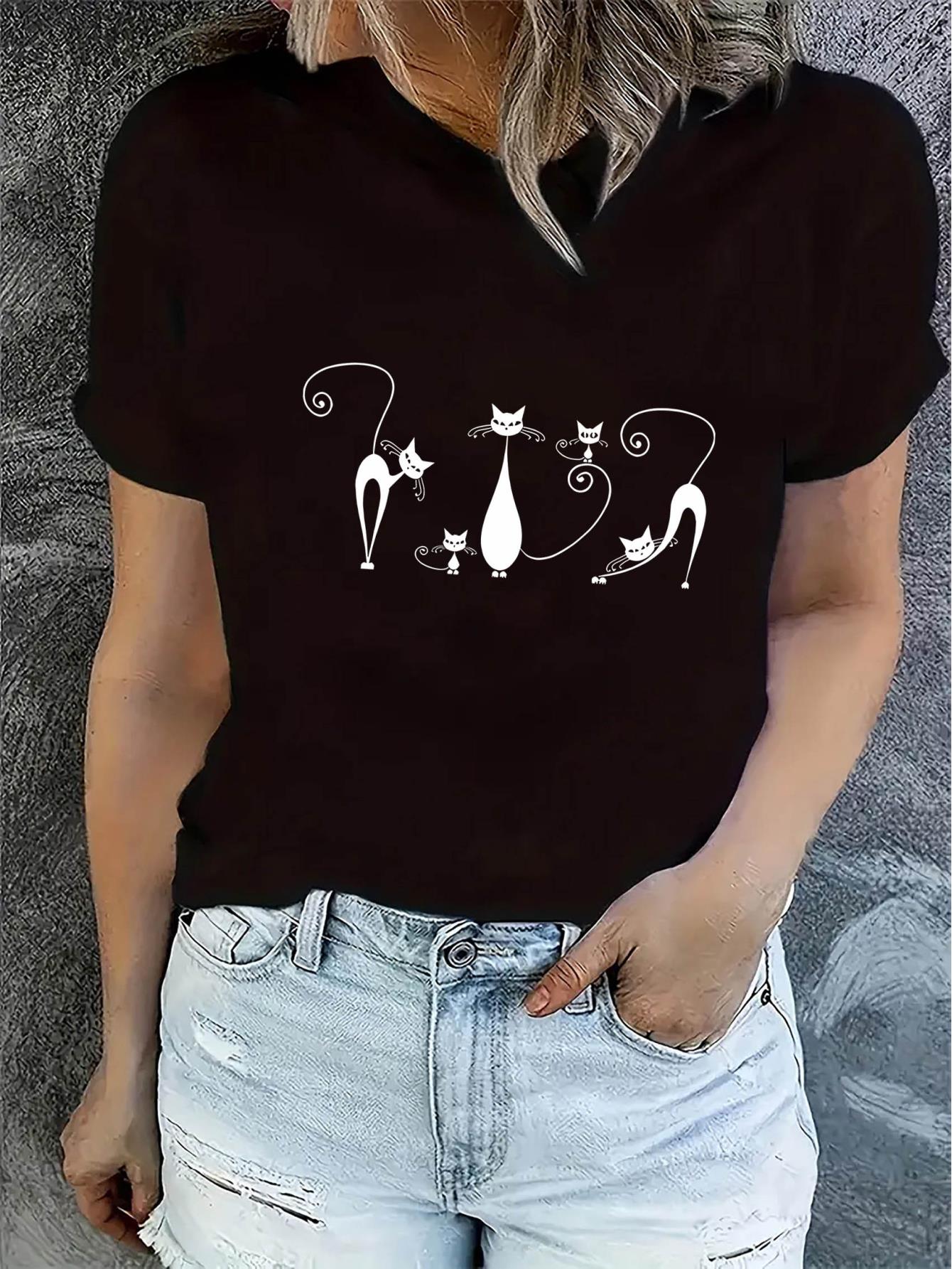 thumbnail image 1 of Urban Exploring| Women's Fashionable Black T-Shirt with Creative Abstract Cat Design - Casual Round Neck Short Sleeve, Comfortable Polyester Blend, Perfect for Summer, Cat Shirt, 1 of 8