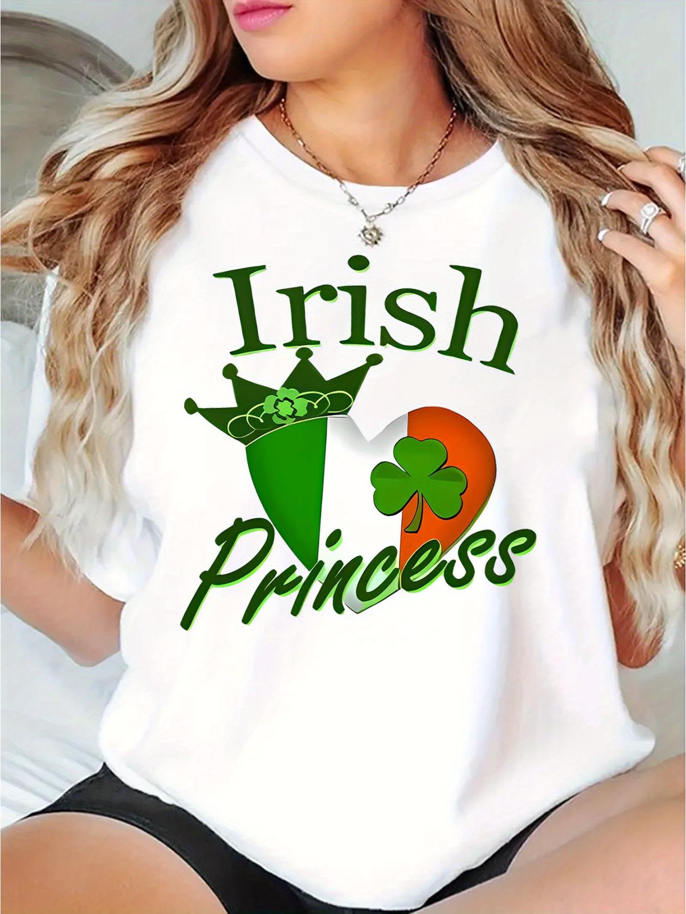 thumbnail image 2 of [Glossy Finish] Women's "Irish Princess" Clover Graphic T-Shirt - Casual Black Round Neck Short Sleeve, Comfortable Summer Top with Green Shamrock and Crown Design, Casual Attire|Graphic Tee, 2 of 8