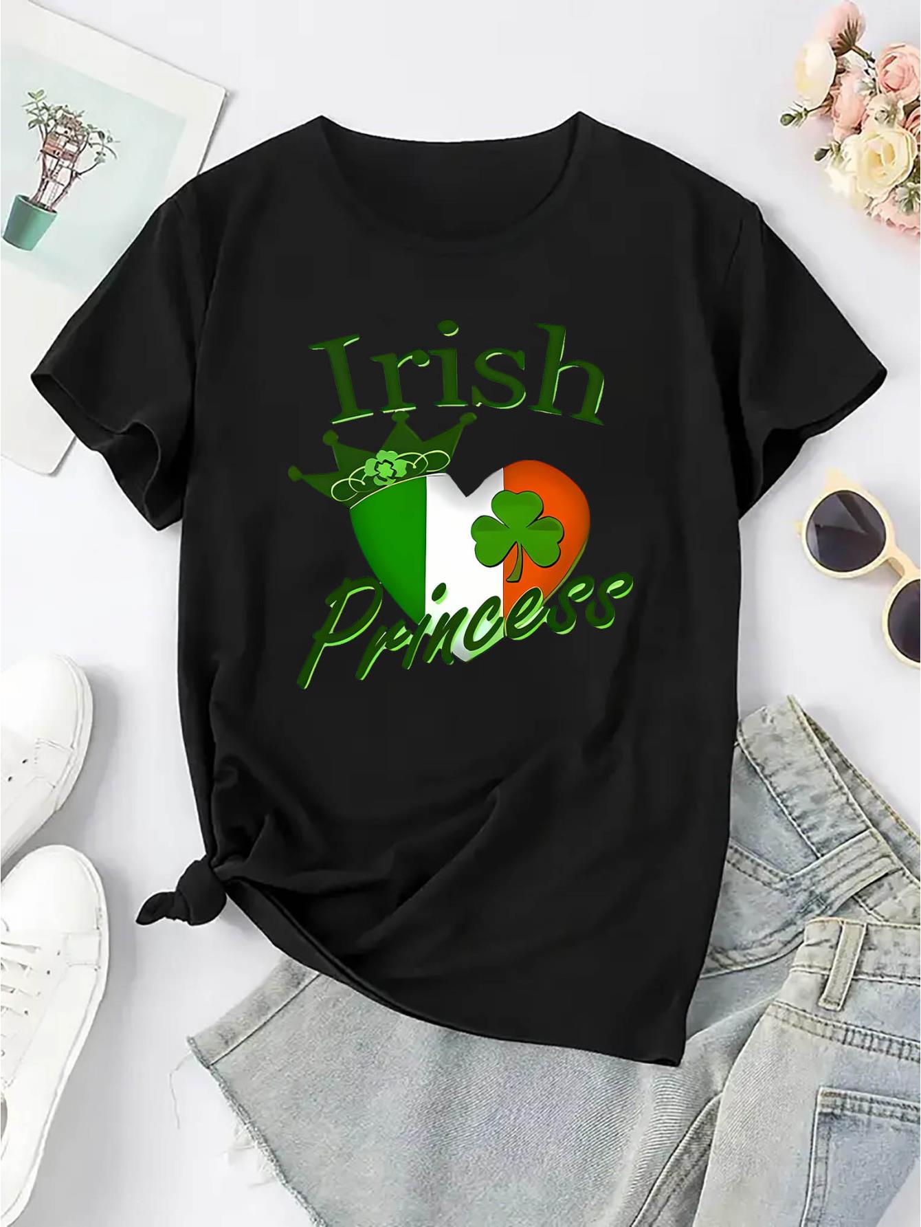 thumbnail image 3 of [Glossy Finish] Women's "Irish Princess" Clover Graphic T-Shirt - Casual Black Round Neck Short Sleeve, Comfortable Summer Top with Green Shamrock and Crown Design, Casual Attire|Graphic Tee, 3 of 8