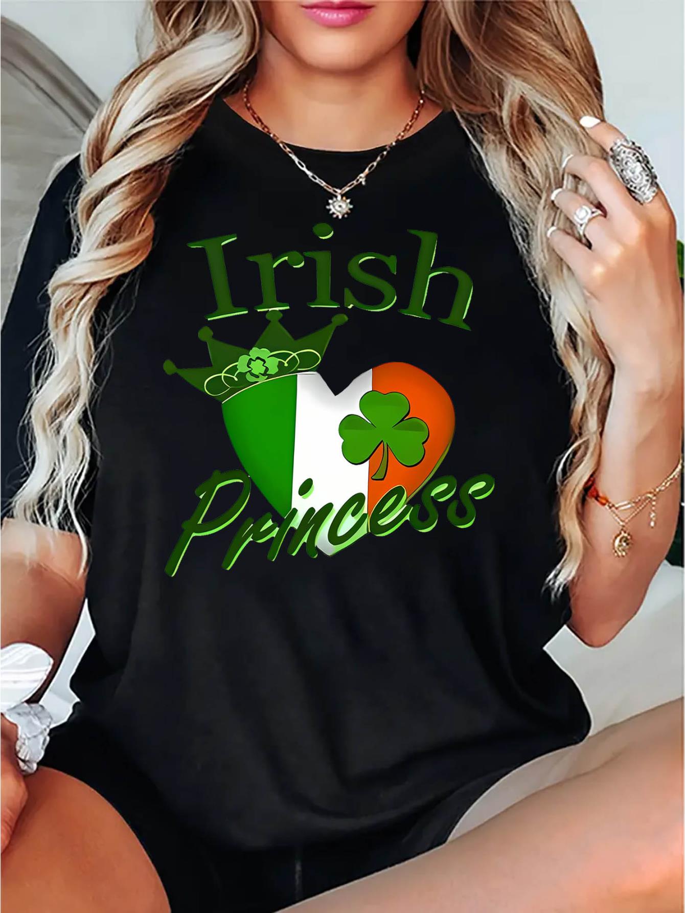 thumbnail image 1 of [Glossy Finish] Women's "Irish Princess" Clover Graphic T-Shirt - Casual Black Round Neck Short Sleeve, Comfortable Summer Top with Green Shamrock and Crown Design, Casual Attire|Graphic Tee, 1 of 8