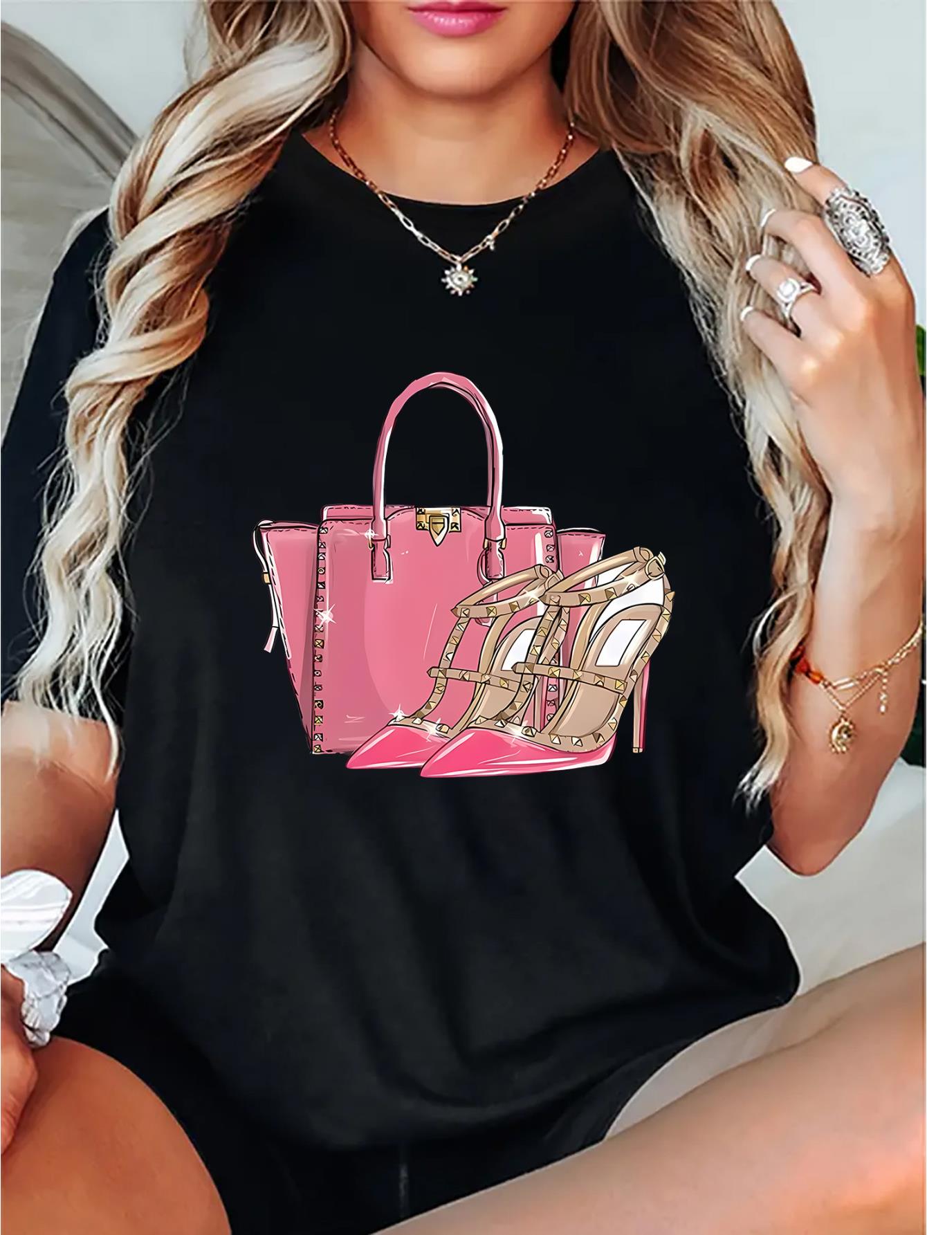 thumbnail image 1 of 1pc Women'S Fashion Casual Crew Neck T-Shirt with Geometric Pink Handbag and High Heels Print, Polyester Knit Fabric, Medium Stretch, All-Season Comfort Fit, 1 of 8