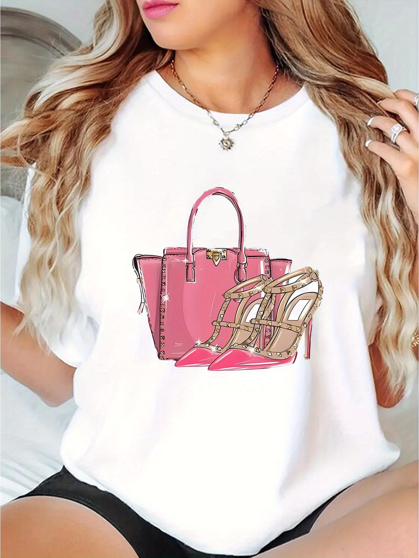 thumbnail image 2 of 1pc Women'S Fashion Casual Crew Neck T-Shirt with Geometric Pink Handbag and High Heels Print, Polyester Knit Fabric, Medium Stretch, All-Season Comfort Fit, 2 of 8