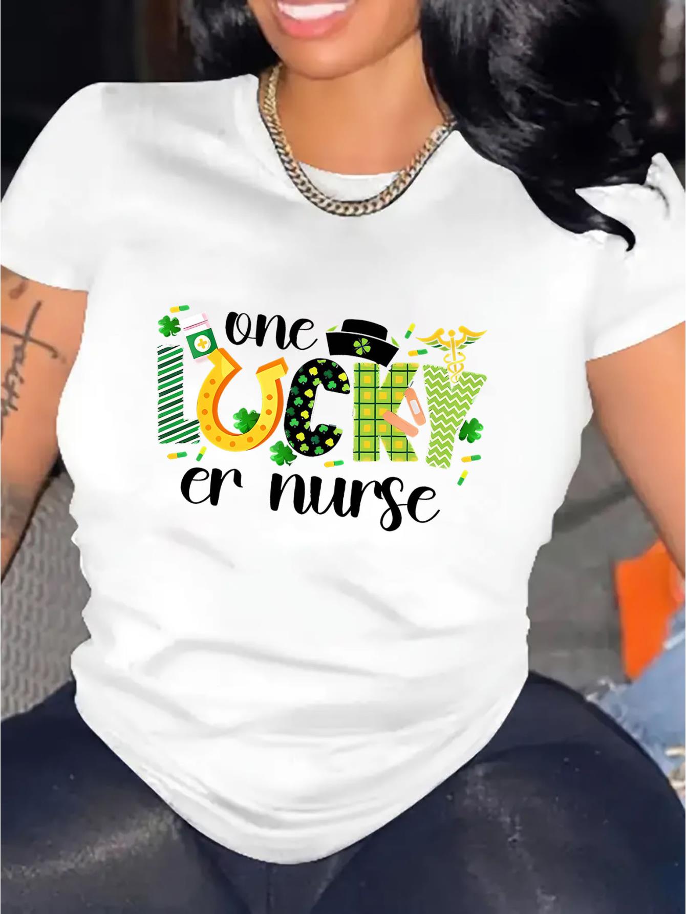 thumbnail image 2 of Women's "One Lucky Nurse" Graphic T-Shirt - Casual Round Neck, Short Sleeve, Stretchy Polyester Blend, Comfortable Summer Top with Festive Print, 2 of 8