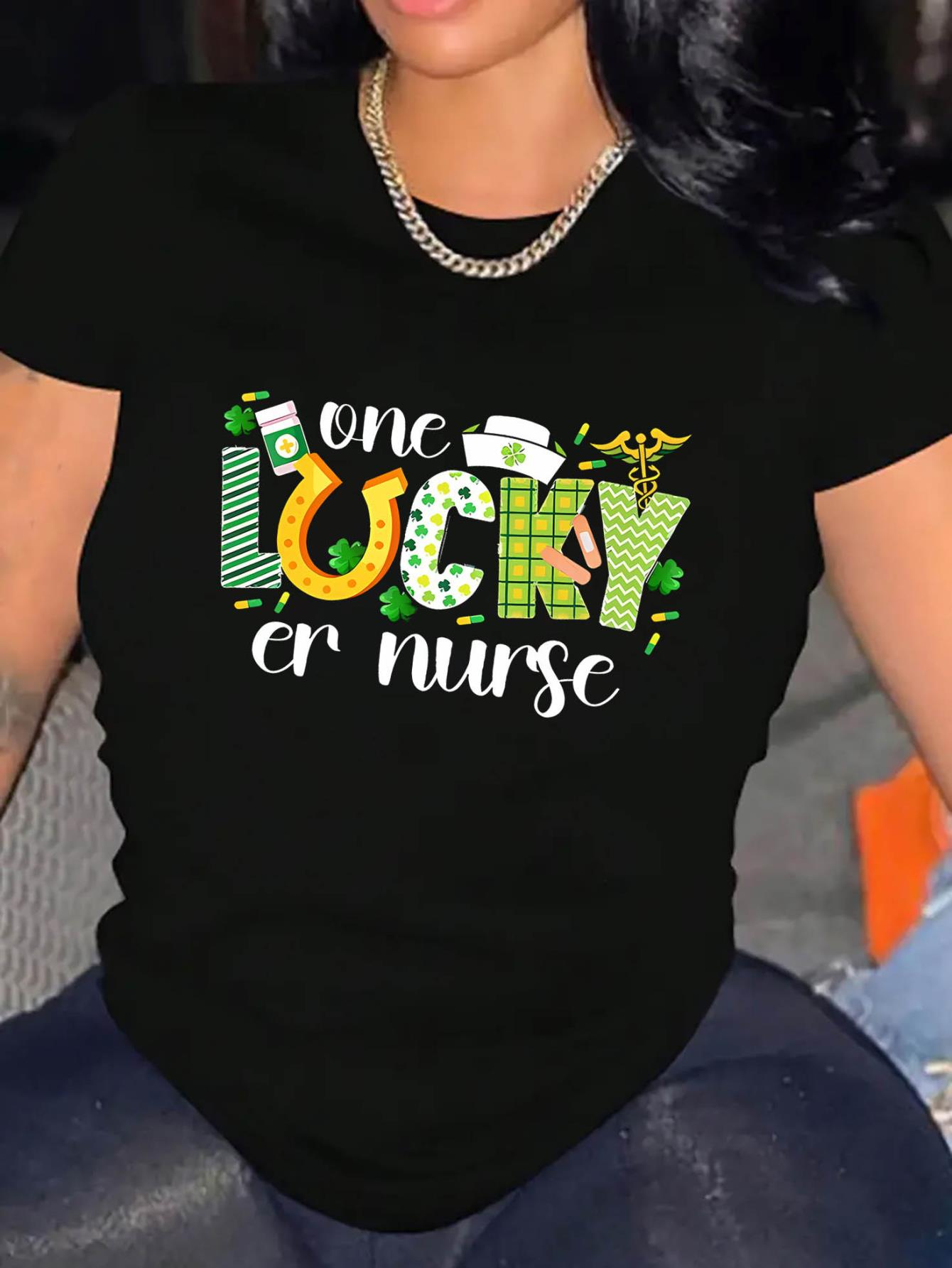 thumbnail image 1 of Women's "One Lucky Nurse" Graphic T-Shirt - Casual Round Neck, Short Sleeve, Stretchy Polyester Blend, Comfortable Summer Top with Festive Print, 1 of 8