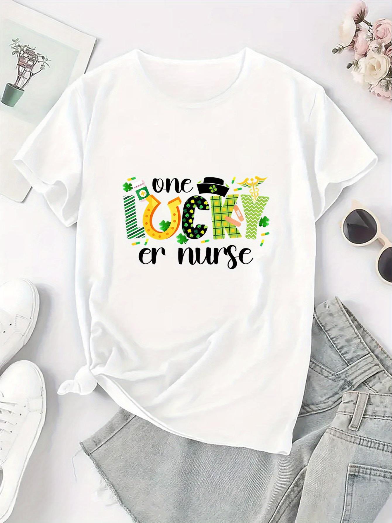 thumbnail image 3 of Women's "One Lucky Nurse" Graphic T-Shirt - Casual Round Neck, Short Sleeve, Stretchy Polyester Blend, Comfortable Summer Top with Festive Print, 3 of 8