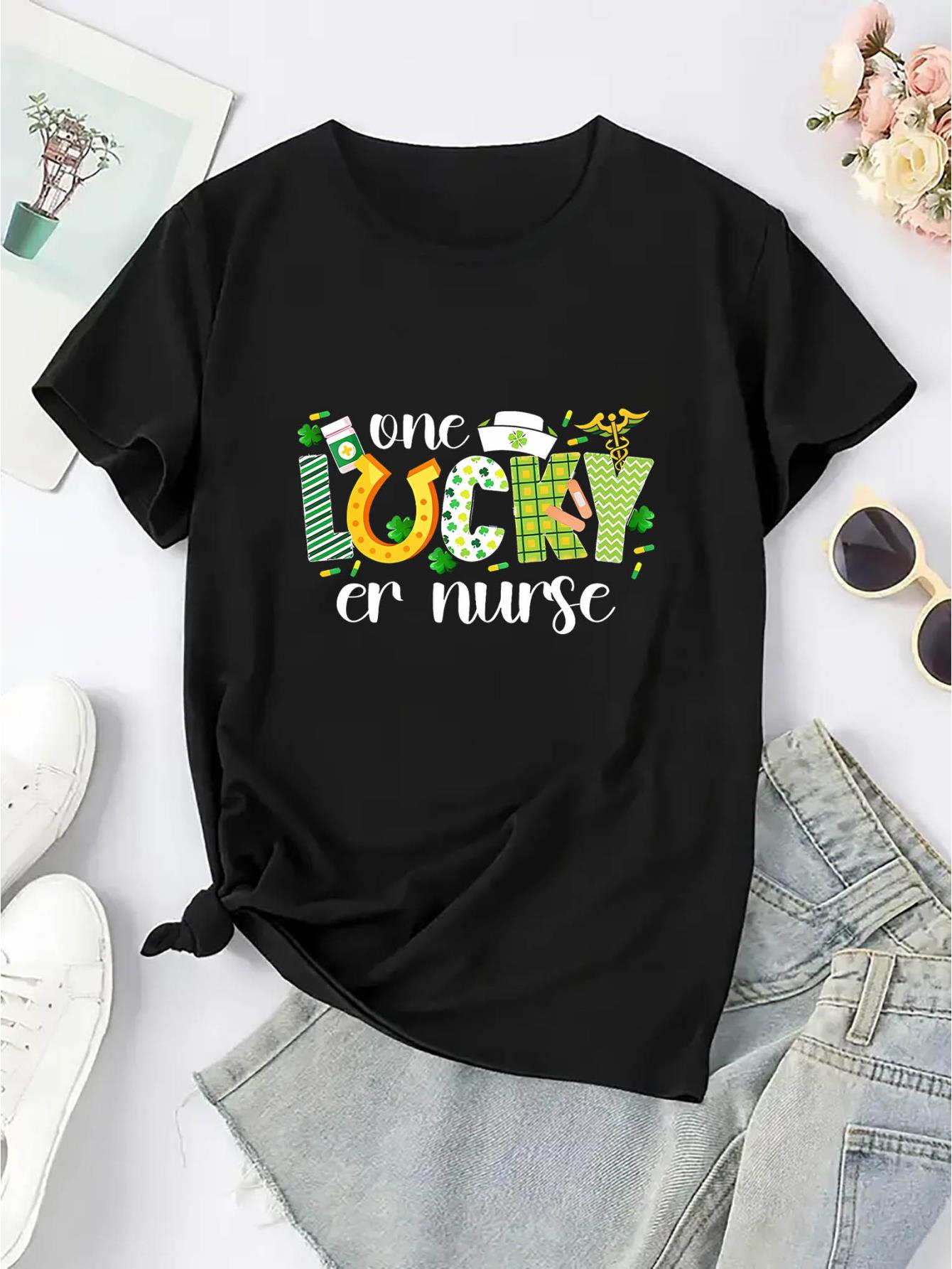 thumbnail image 4 of Women's "One Lucky Nurse" Graphic T-Shirt - Casual Round Neck, Short Sleeve, Stretchy Polyester Blend, Comfortable Summer Top with Festive Print, 4 of 8