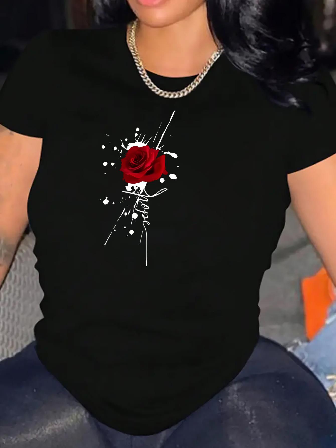 thumbnail image 1 of Women's Fashion Casual Round Neck Short Sleeve T-Shirt, Polyester Knit, Red Rose with Lettering Print, Comfortable Summer Top, All-Season, Ladies Leisure Sportswear, 1 of 8