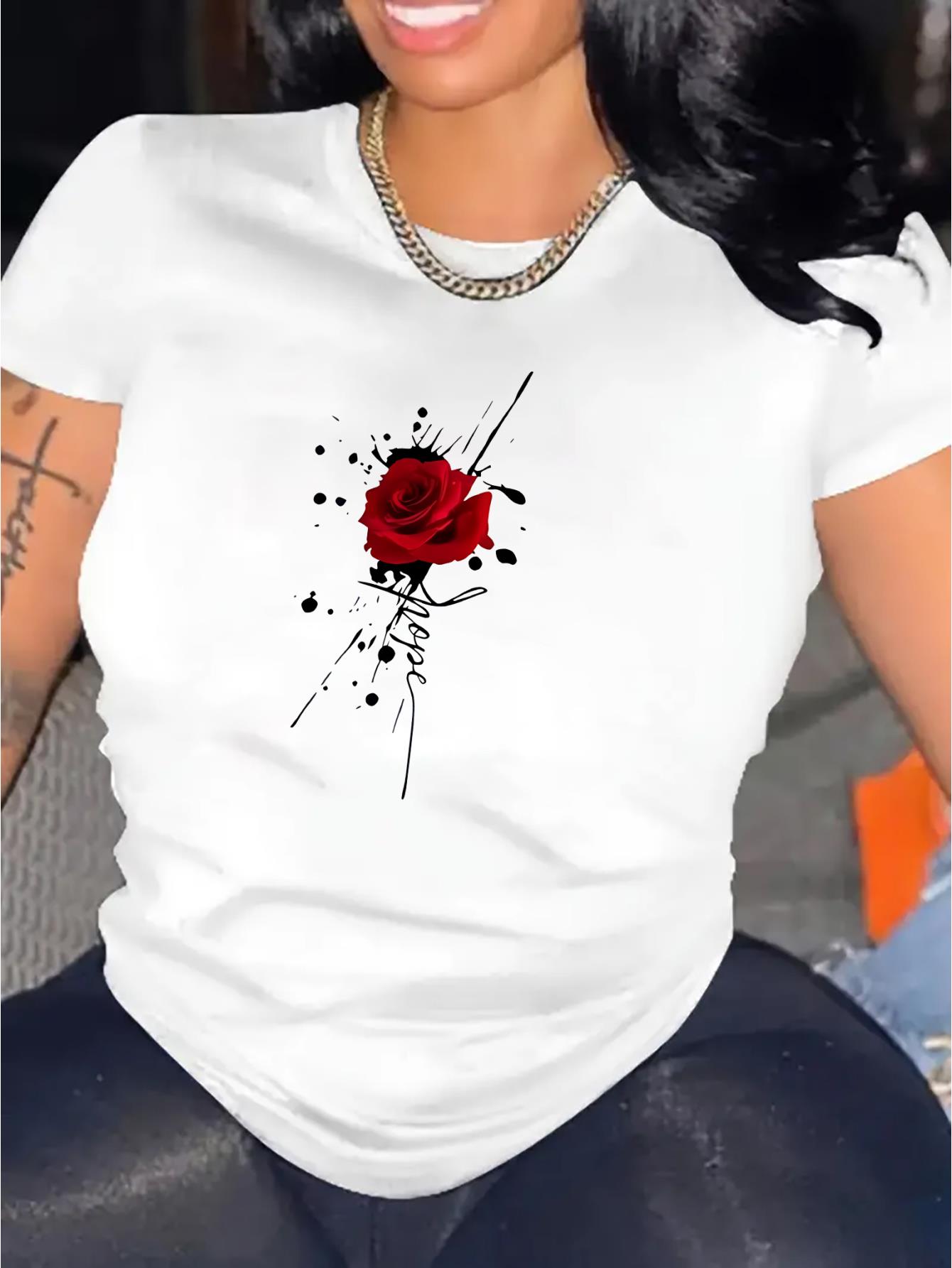 thumbnail image 2 of Women's Fashion Casual Round Neck Short Sleeve T-Shirt, Polyester Knit, Red Rose with Lettering Print, Comfortable Summer Top, All-Season, Ladies Leisure Sportswear, 2 of 8