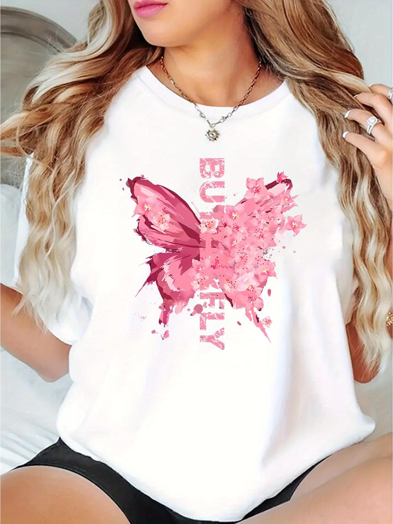 thumbnail image 2 of Women's Casual Crew Neck T-Shirt with Pink Butterfly and Floral Print, Polyester 95% Spandex 5% Knit Fabric, Medium Stretch, All Season Fashion Top, 2 of 8