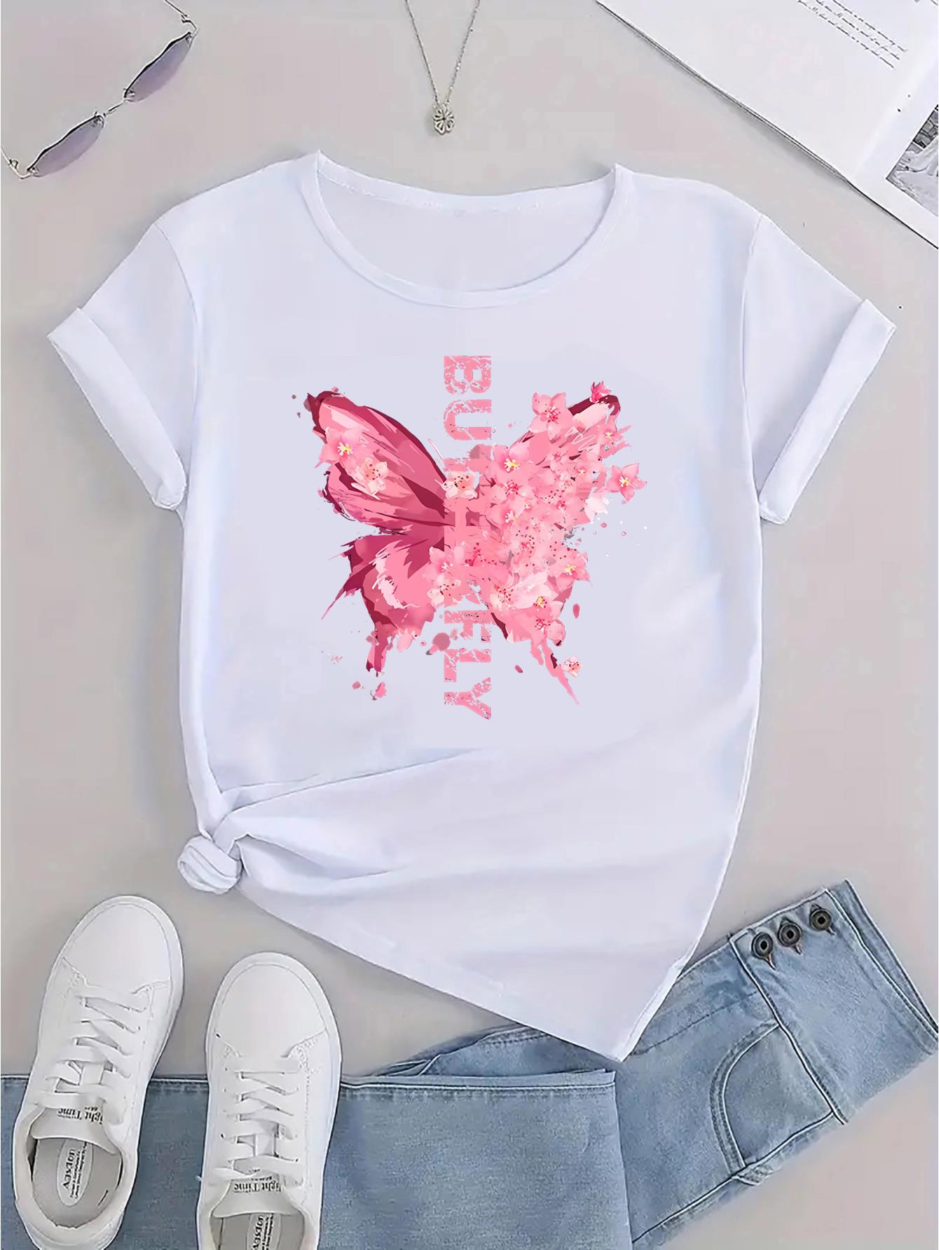thumbnail image 4 of Women's Casual Crew Neck T-Shirt with Pink Butterfly and Floral Print, Polyester 95% Spandex 5% Knit Fabric, Medium Stretch, All Season Fashion Top, 4 of 8