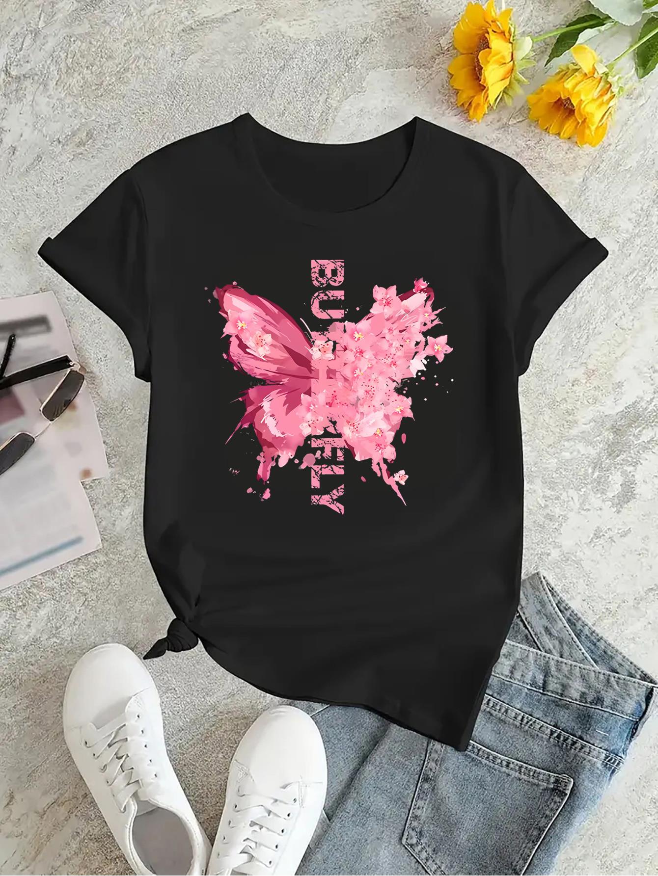 thumbnail image 3 of Women's Casual Crew Neck T-Shirt with Pink Butterfly and Floral Print, Polyester 95% Spandex 5% Knit Fabric, Medium Stretch, All Season Fashion Top, 3 of 8