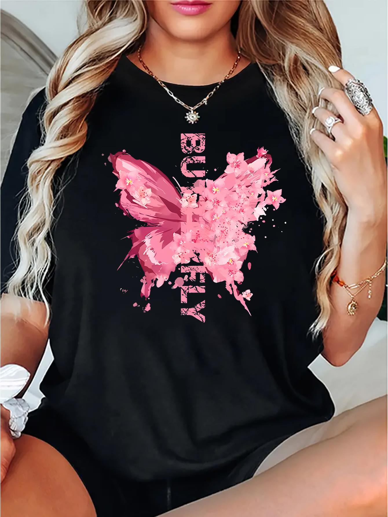 thumbnail image 1 of Women's Casual Crew Neck T-Shirt with Pink Butterfly and Floral Print, Polyester 95% Spandex 5% Knit Fabric, Medium Stretch, All Season Fashion Top, 1 of 8