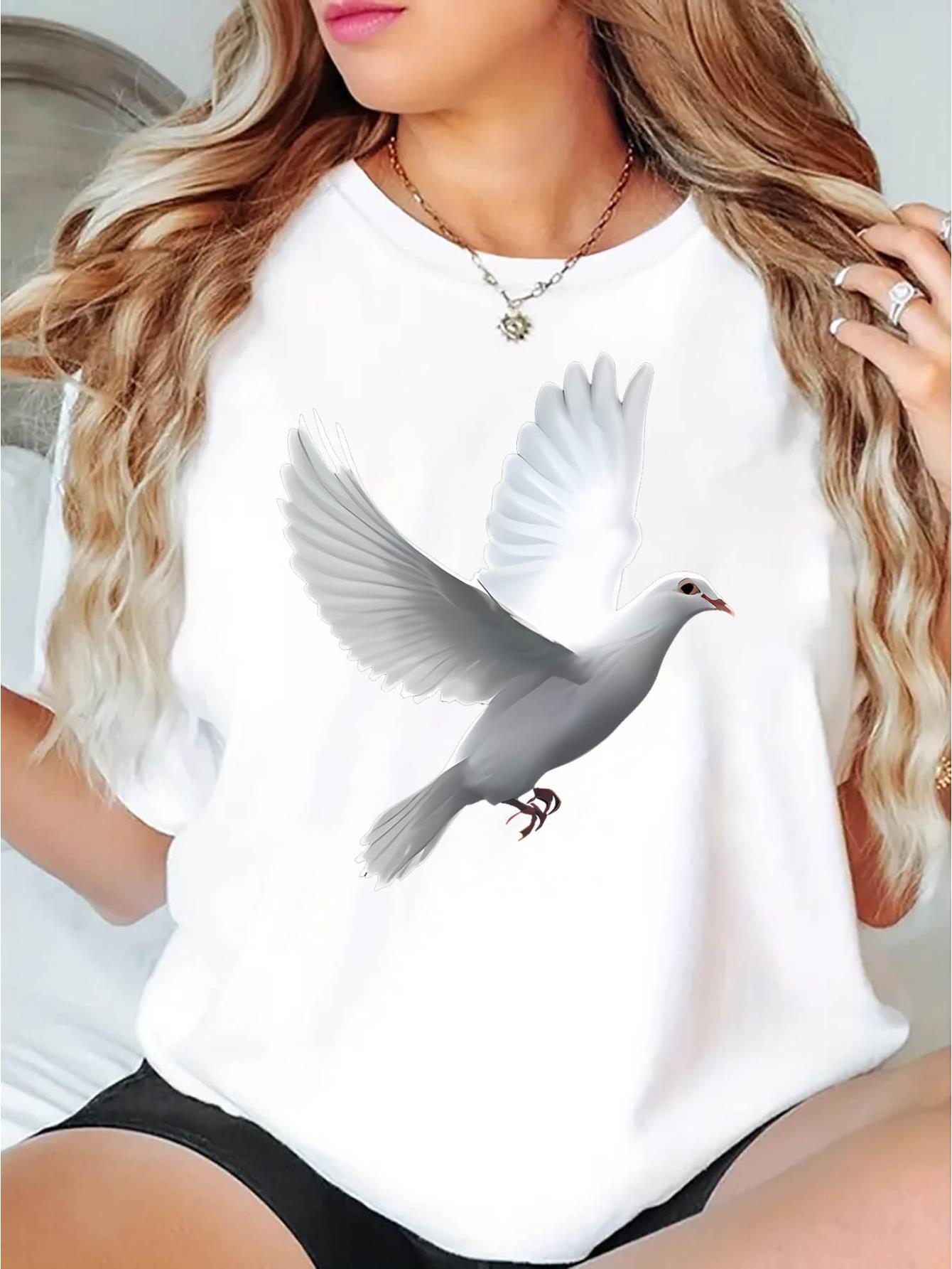 thumbnail image 1 of Chic Pigeon Print Women's T-Shirt - Casual Crew Neck, Short Sleeve, Stretchy Polyester Blend, Machine Washable - Perfect for Summer & Casual Attire, 1 of 8