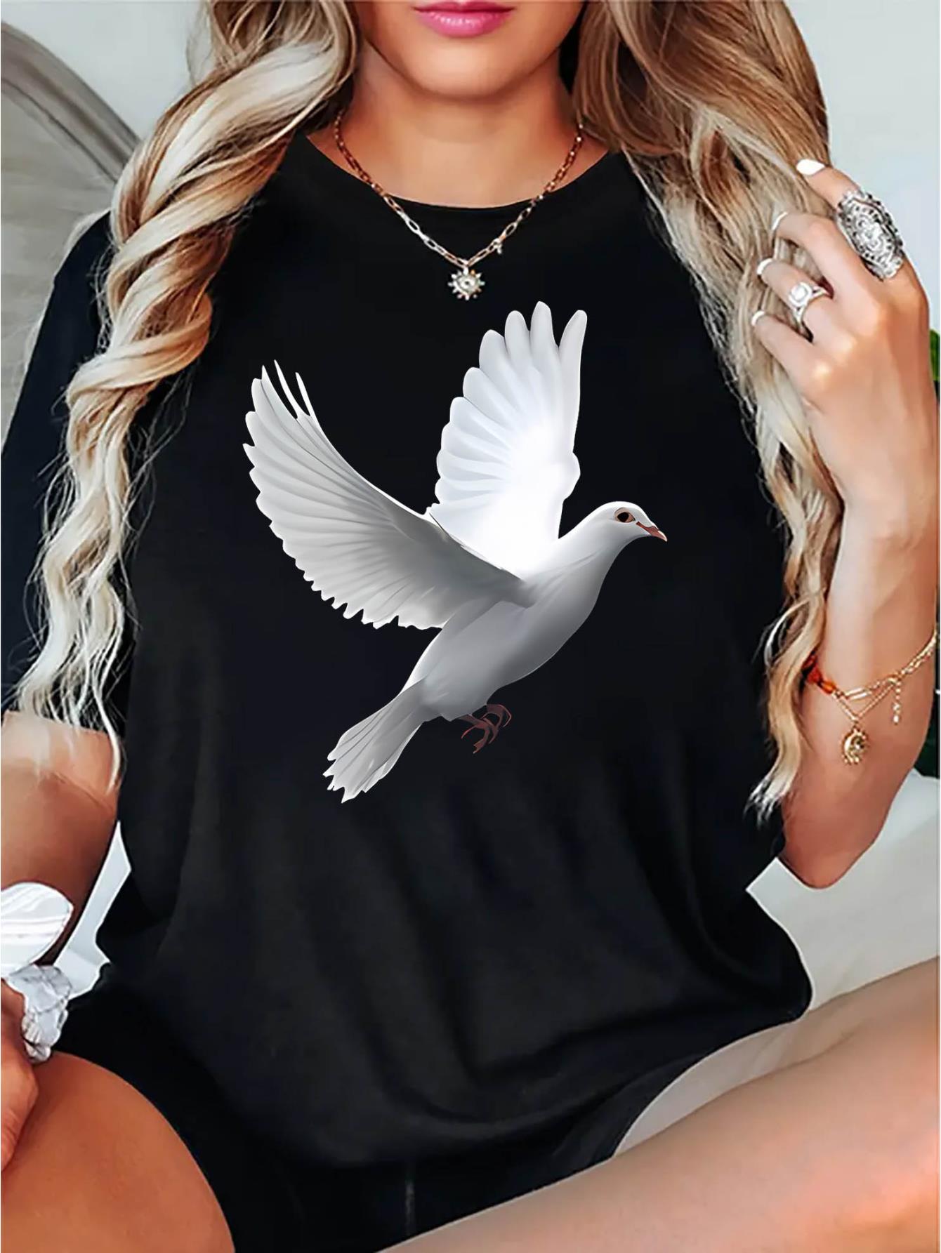 thumbnail image 2 of Chic Pigeon Print Women's T-Shirt - Casual Crew Neck, Short Sleeve, Stretchy Polyester Blend, Machine Washable - Perfect for Summer & Casual Attire, 2 of 8