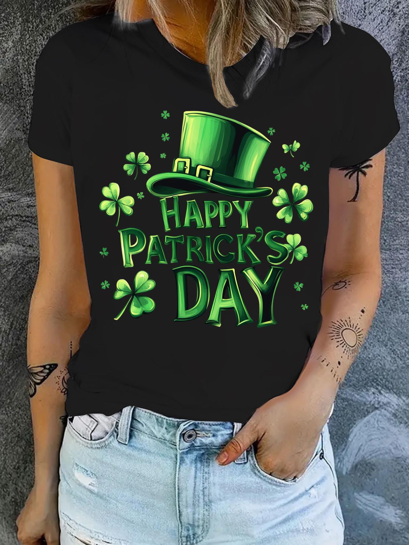 thumbnail image 1 of Women's "Happy St. Patrick's Day" White T-Shirt - Comfortable, Fashionable Casual Wear with Green Clover and Leprechaun Hat Design, Short Sleeve Round Neck Top, Seasonal Top|Comfortable Fit, Ladies T, 1 of 8