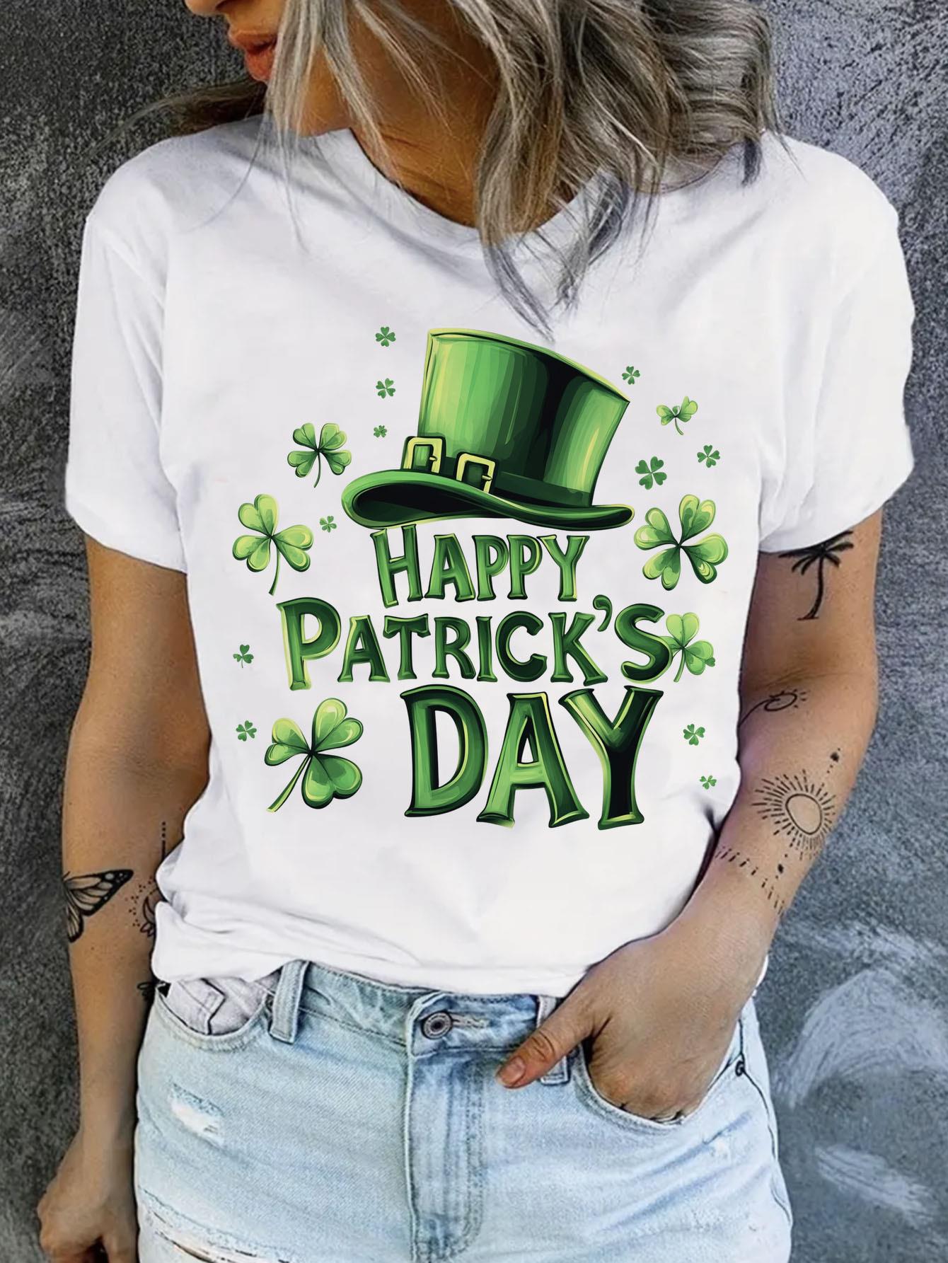 thumbnail image 2 of Women's "Happy St. Patrick's Day" White T-Shirt - Comfortable, Fashionable Casual Wear with Green Clover and Leprechaun Hat Design, Short Sleeve Round Neck Top, Seasonal Top|Comfortable Fit, Ladies T, 2 of 8