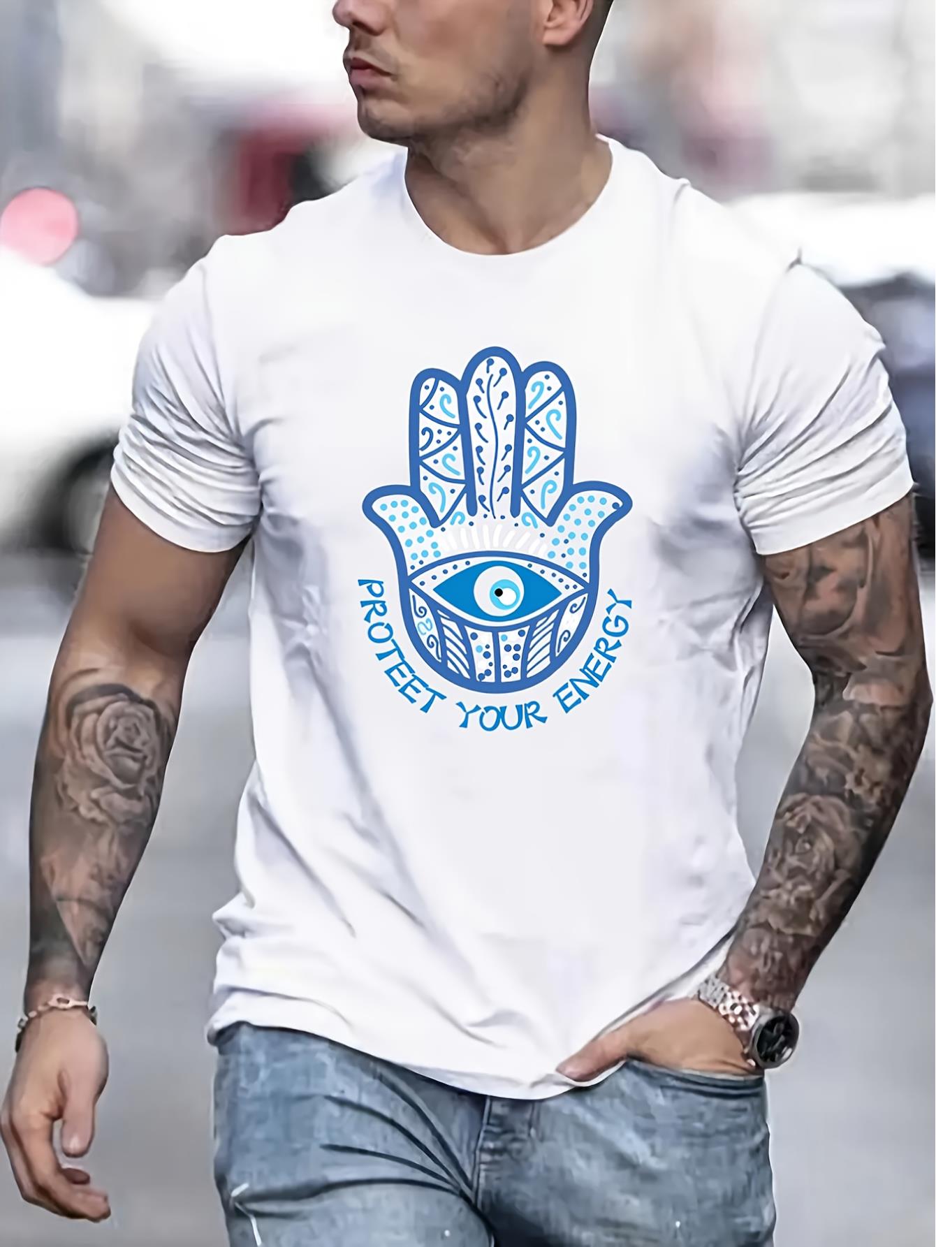 thumbnail image 1 of Protect Your Energy Hasma Hand The Hand Of Fatima Evil Eye Print T Shirt, Tees For Men, Casual Short Sleeve T-shirt For Summer, 1 of 6