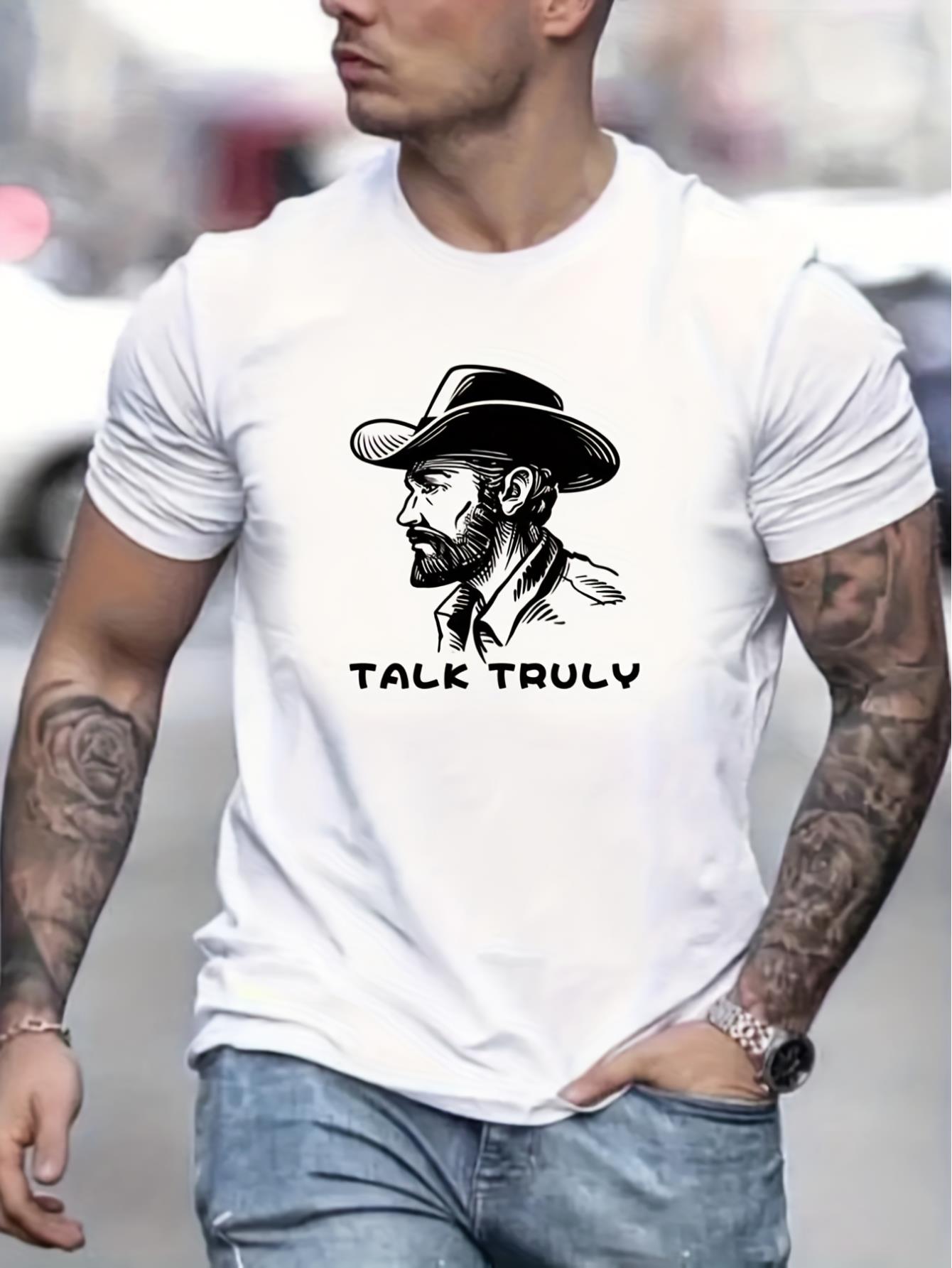 Cowboy & Letter Pattern Print Men's Comfy T-shirt, Graphic Tee Men's Summer Clothes, Men's Clothing