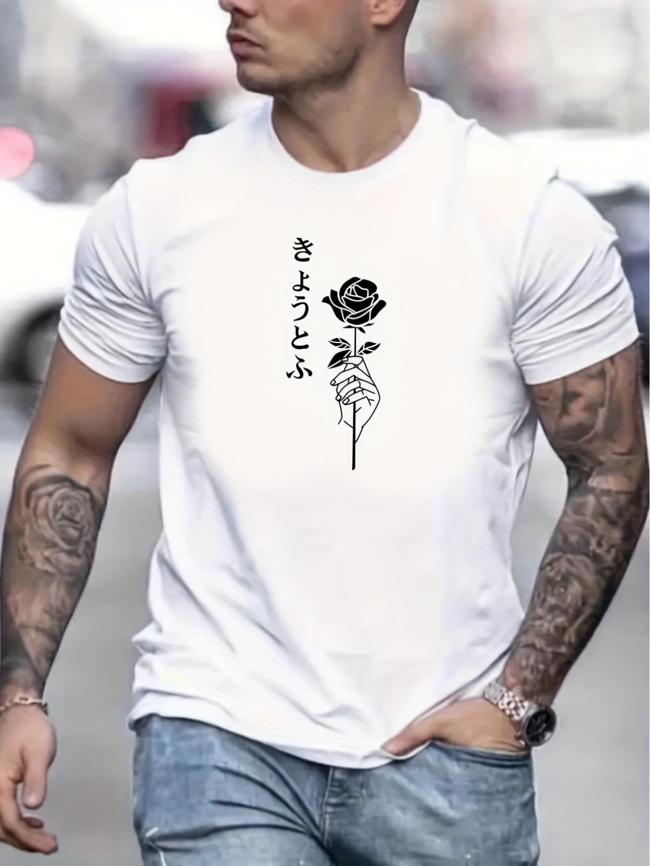 thumbnail image 1 of Rose Graphic Print Men's Creative Top, Casual Short Sleeve Crew Neck T-shirt, Men's Clothing For Summer Outdoor, 1 of 8