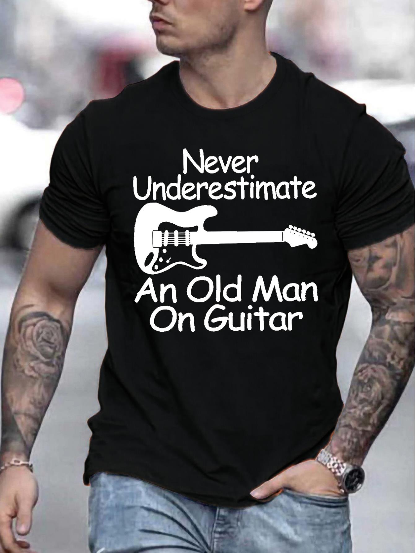 Men's Guitar Graphic T-Shirt - Crew Neck Polyester Knit Tee with Slight Stretch, Casual Style for Summer, Regular Fit Adult Crewneck Shirt with Printed Design