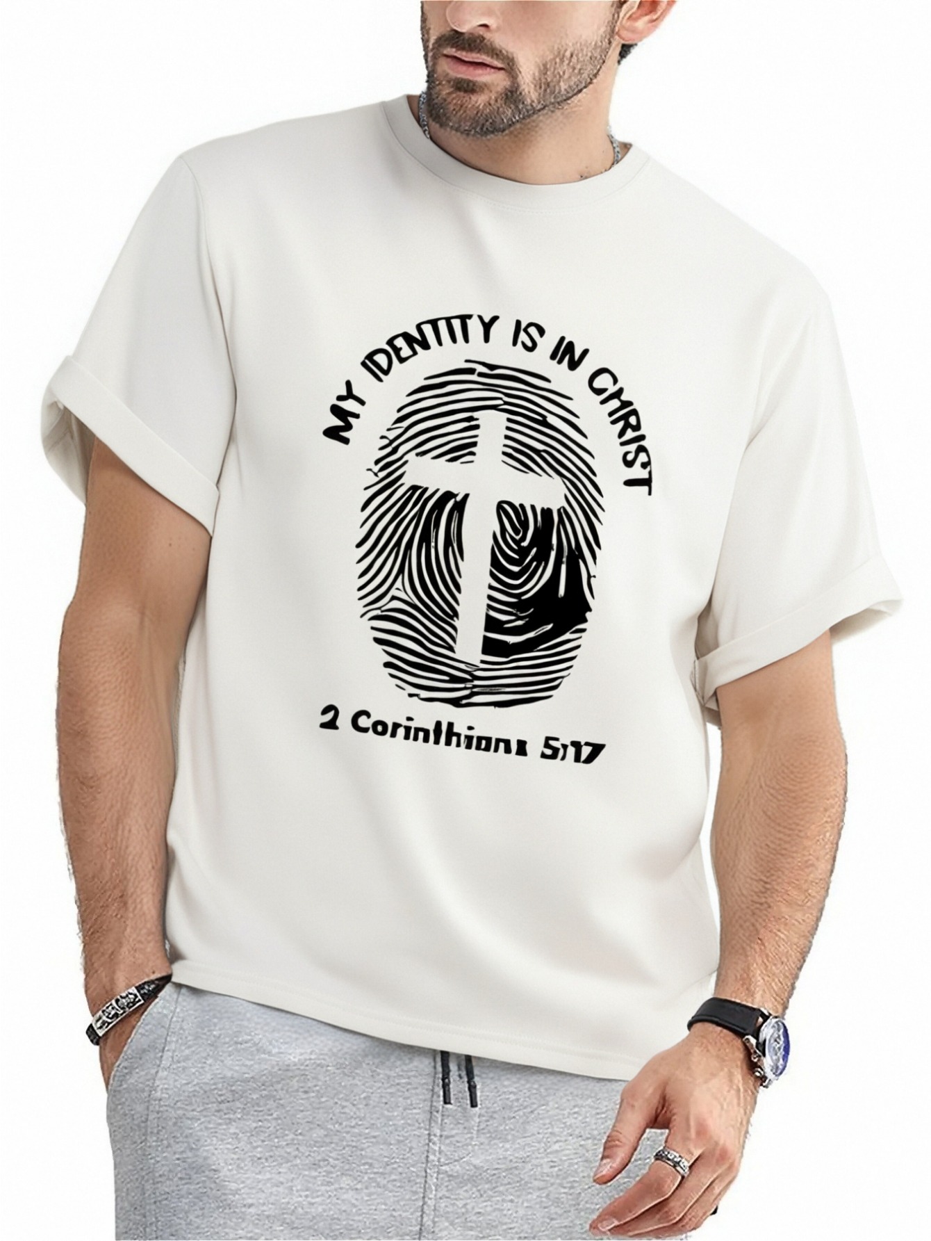 Casual Crew Neck T-Shirt with Christian Identity Graphic, Slight Stretch, Summer Patterned Tee for Adults