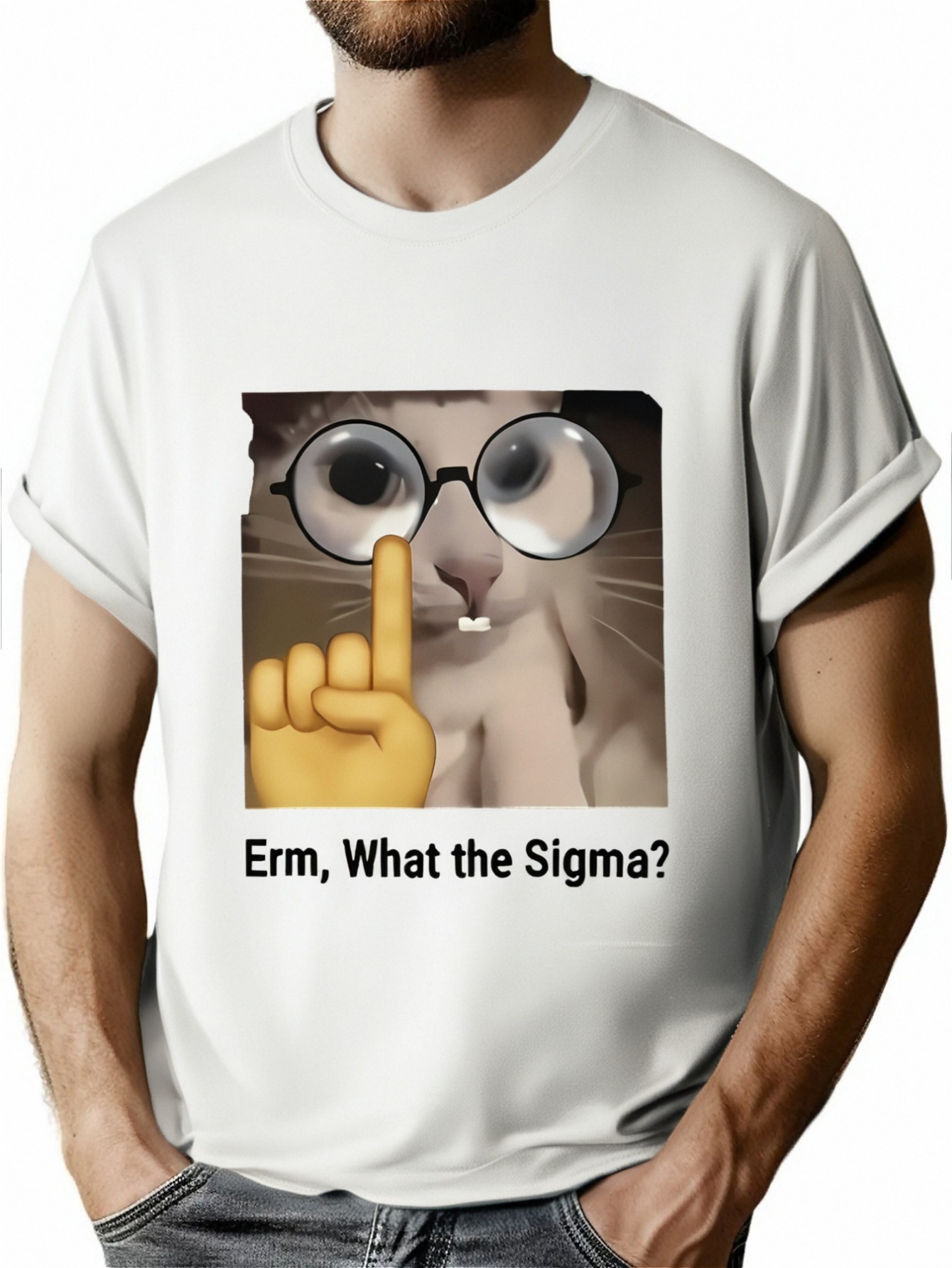 1pc Men'S Casual Crew Neck T-Shirt with "Ermm, What the Sigma?" Print, Slight Stretch, Regular Fit, Summer Fashion Top for Adults