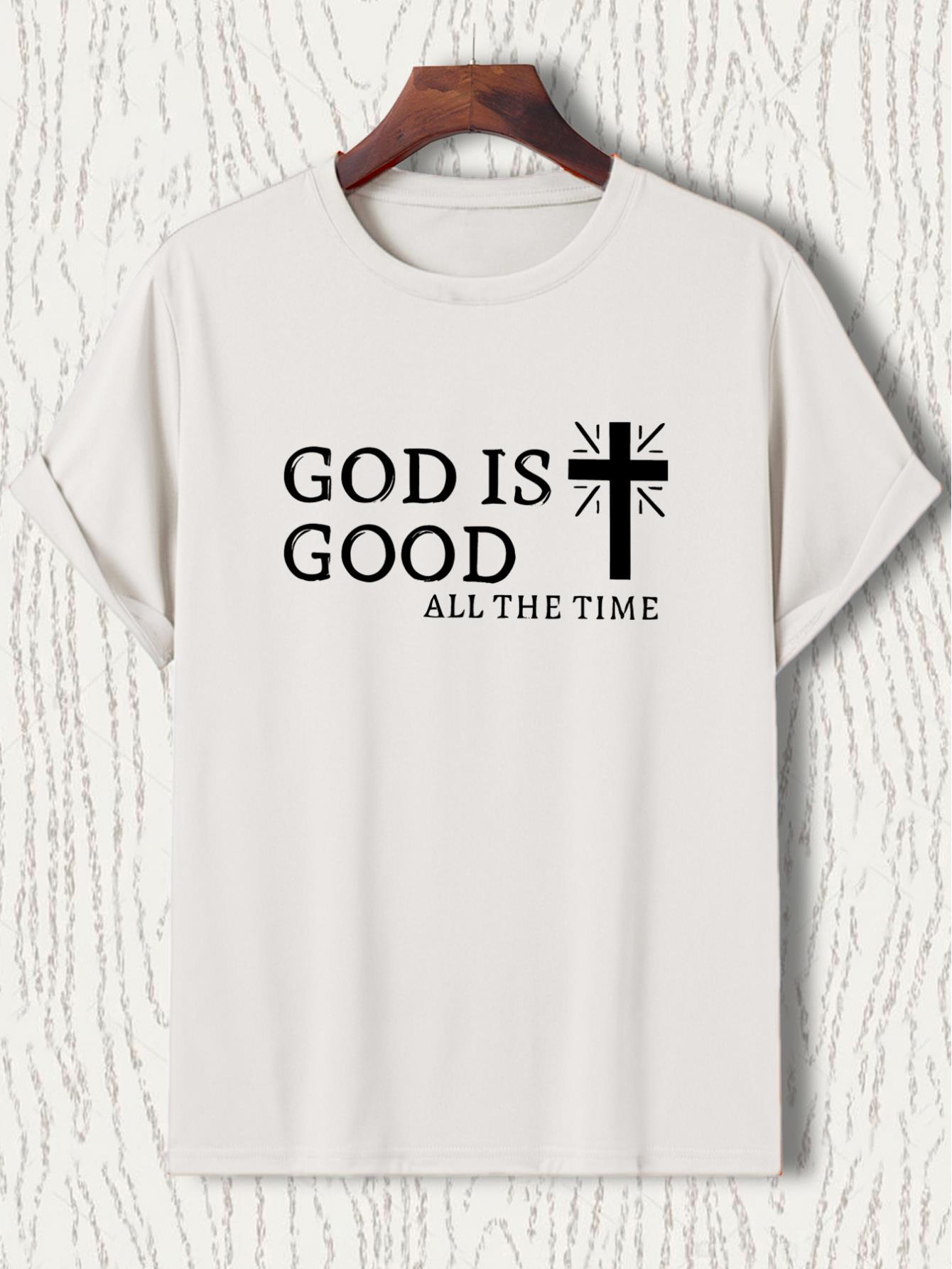 thumbnail image 3 of 1pc Men'S Casual Crew Neck T-Shirt with "God is Good All The Time" Print, Slight Stretch, Regular Fit, Summer Fashion Top, 3 of 8