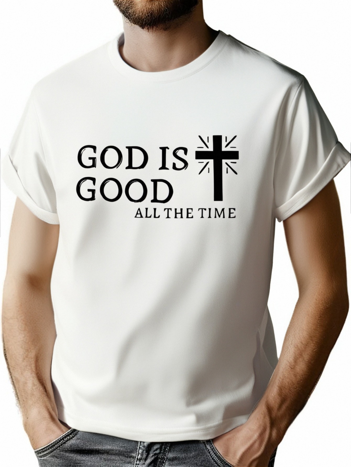 thumbnail image 1 of 1pc Men'S Casual Crew Neck T-Shirt with "God is Good All The Time" Print, Slight Stretch, Regular Fit, Summer Fashion Top, 1 of 8