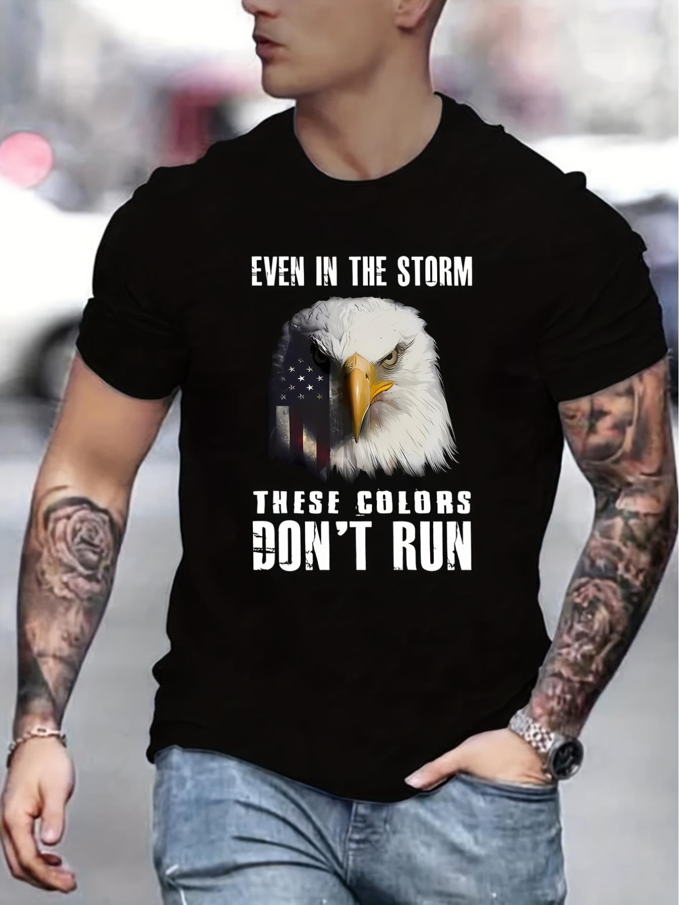Don't Run Eagle Graphic Print Men's Creative Top, Casual Slightly Stretch Short Sleeve Crew Neck T-shirt, Men's Tee For Summer Outdoor